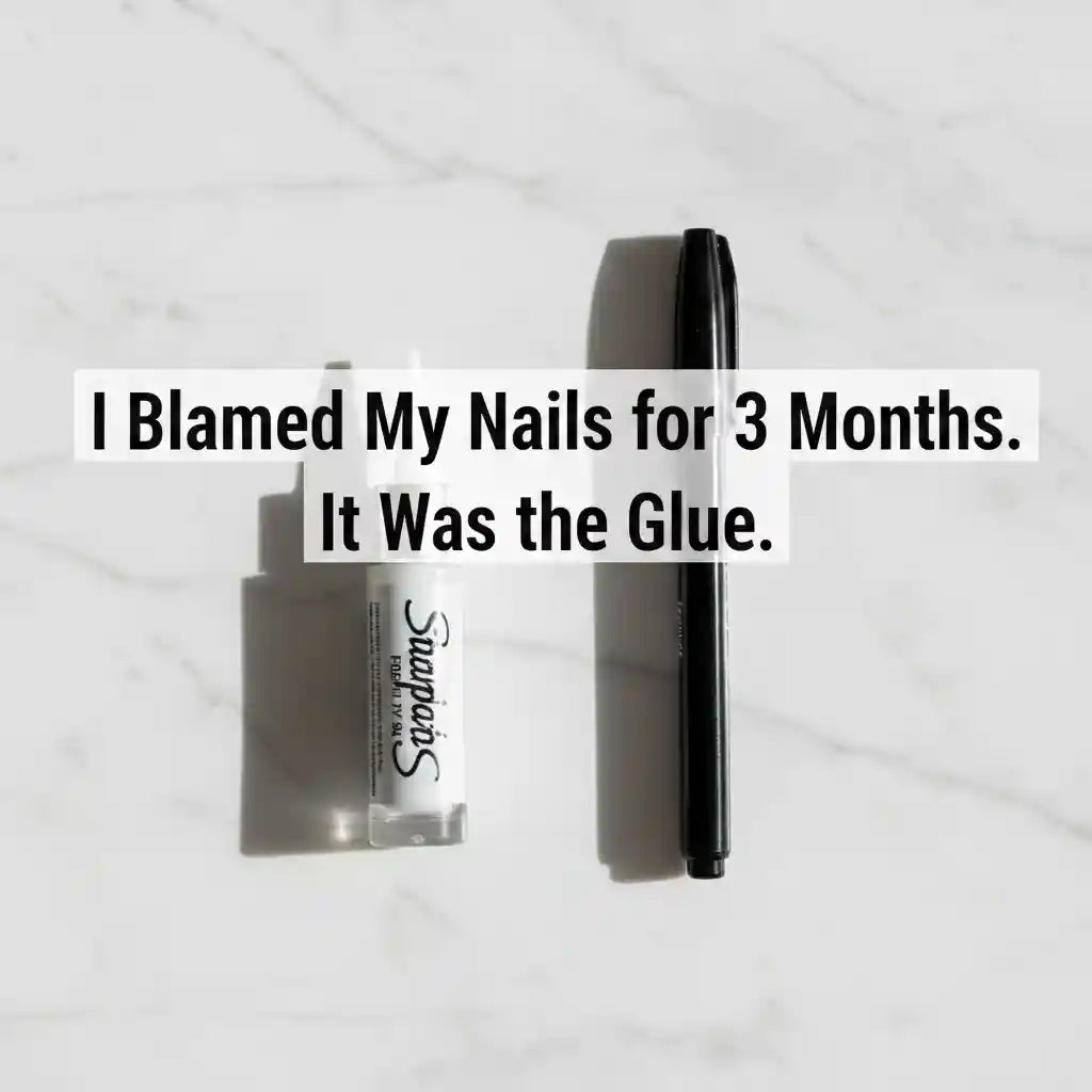 Nail glue tube and black Sharpie marker on white marble surface with text overlay: I Blamed My Nails for 3 Months. It Was the Glue. — MOONLEE press-on nail care