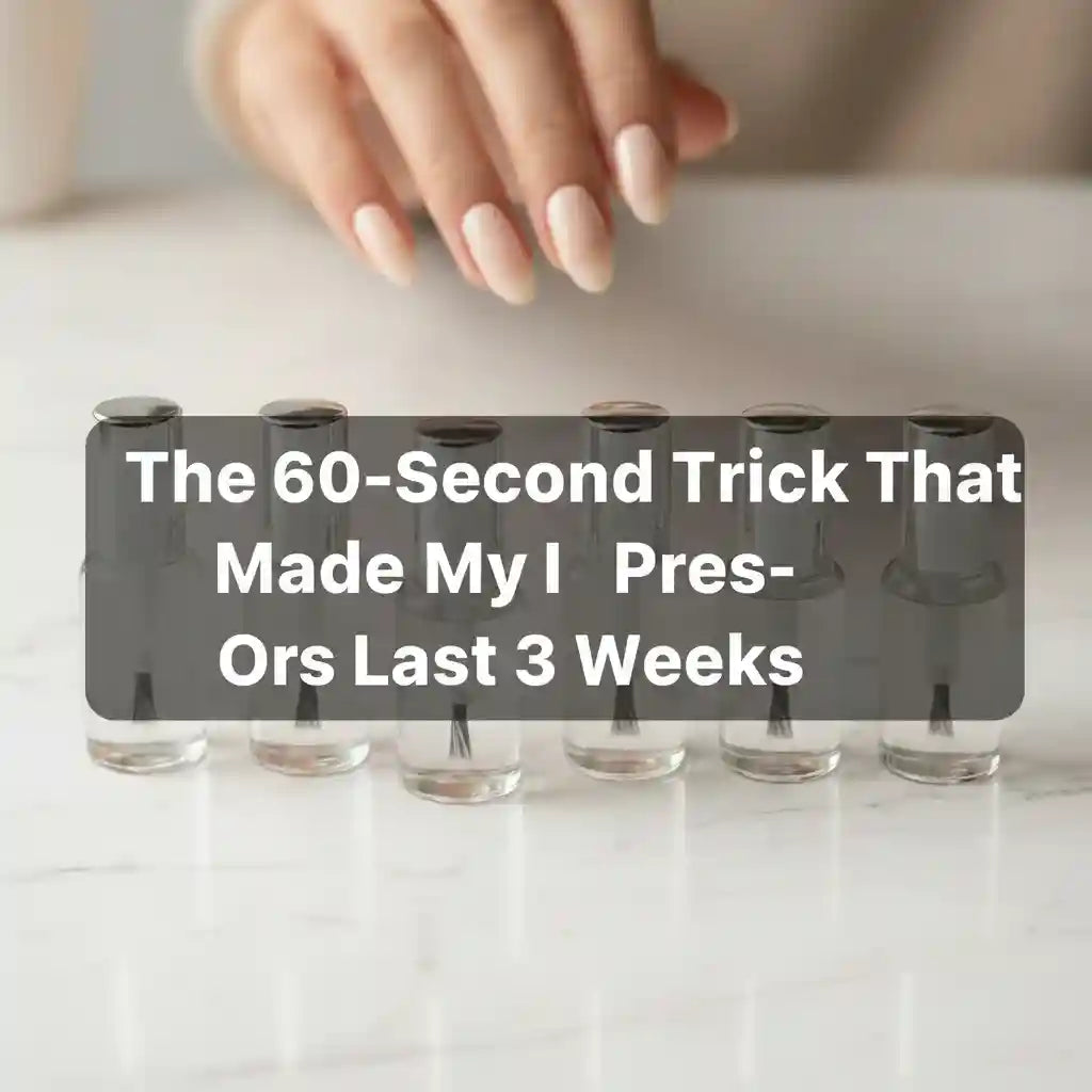 Six nail glue bottles lined up on white marble with a hand showing nude press-on nails — The 60-Second Trick That Made My Press-Ons Last 3 Weeks — MOONLEE