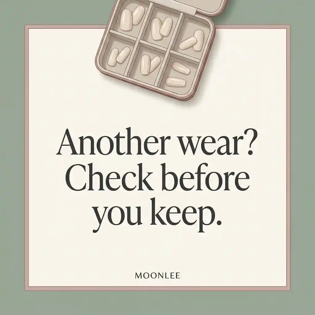 MOONLEE reusable press-on nail guide cover with a sage-green background, cream panel and divided tray holding ivory nail tips, reading “Another wear? Check before you keep.”