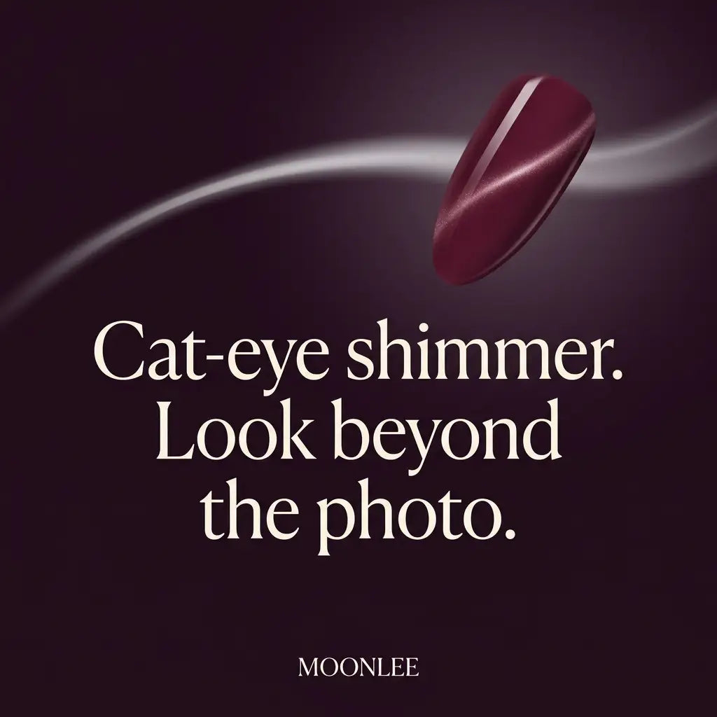 Conceptual MOONLEE cat-eye nail guide cover with a burgundy nail tip and silver light band on a deep plum background, reading “Cat-eye shimmer. Look beyond the photo.”