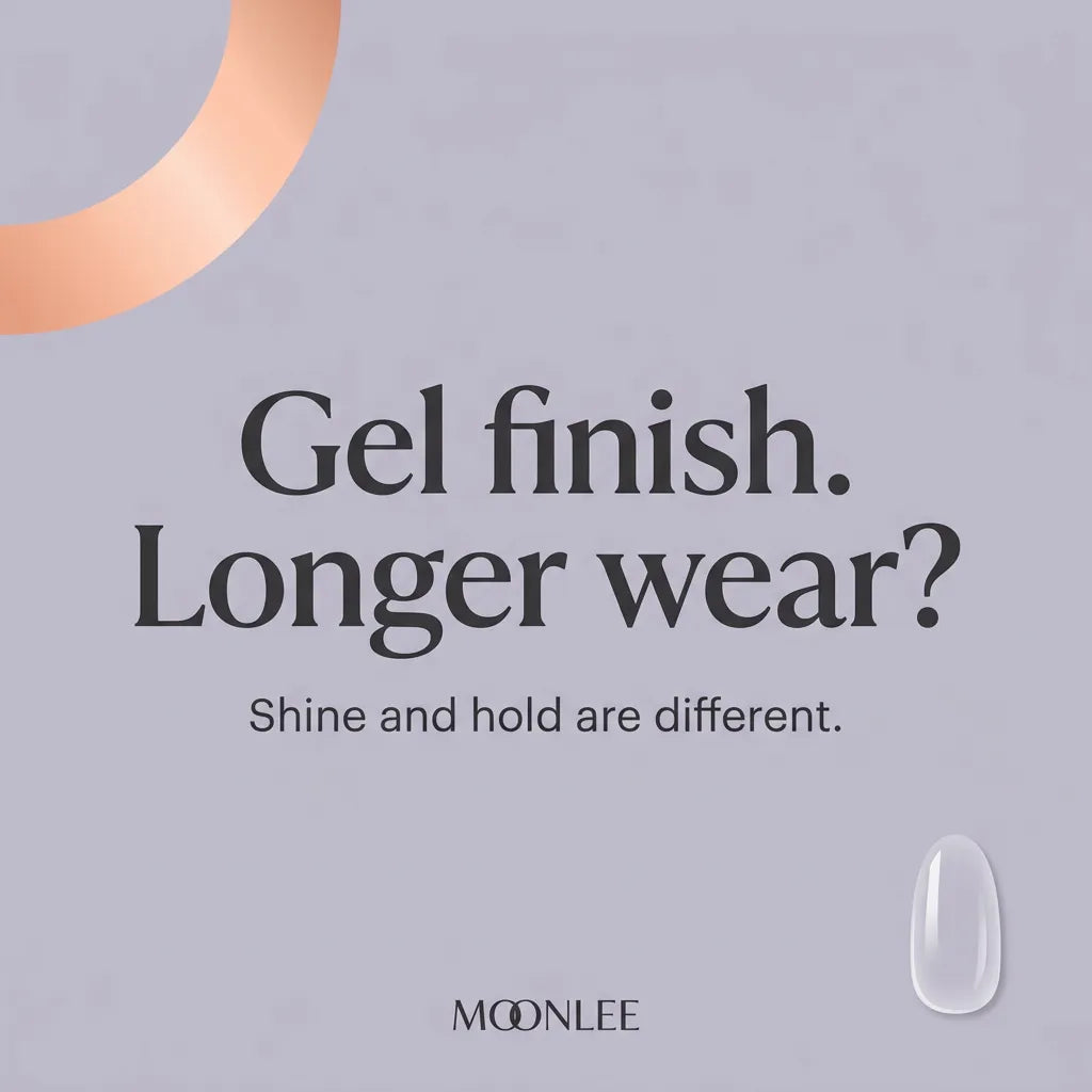 MOONLEE guide cover on muted lilac with a peach reflective arc and glossy nail-tip illustration, reading Gel finish. Longer wear? Shine and hold are different.