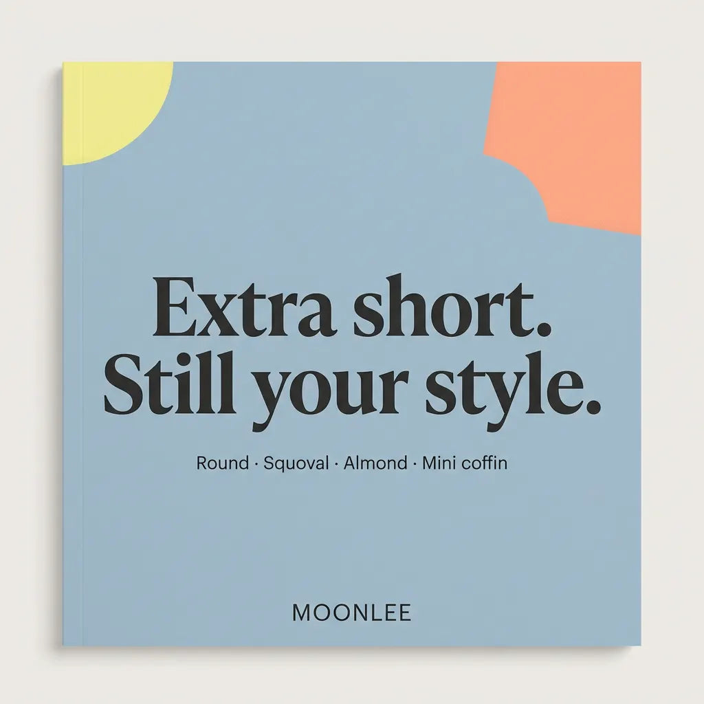 MOONLEE extra-short nail guide cover with a powder-blue panel, lemon-yellow and peach corners, reading Extra short. Still your style. Round, Squoval, Almond, Mini coffin.