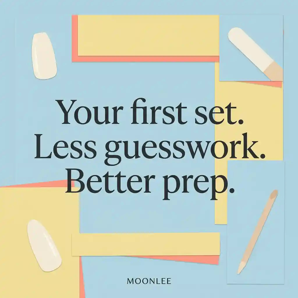 MOONLEE beginner press-on nail guide cover with a powder-blue background, yellow and coral paper shapes, ivory nail tips, a file and cuticle stick, reading “Your first set. Less guesswork. Better prep.”