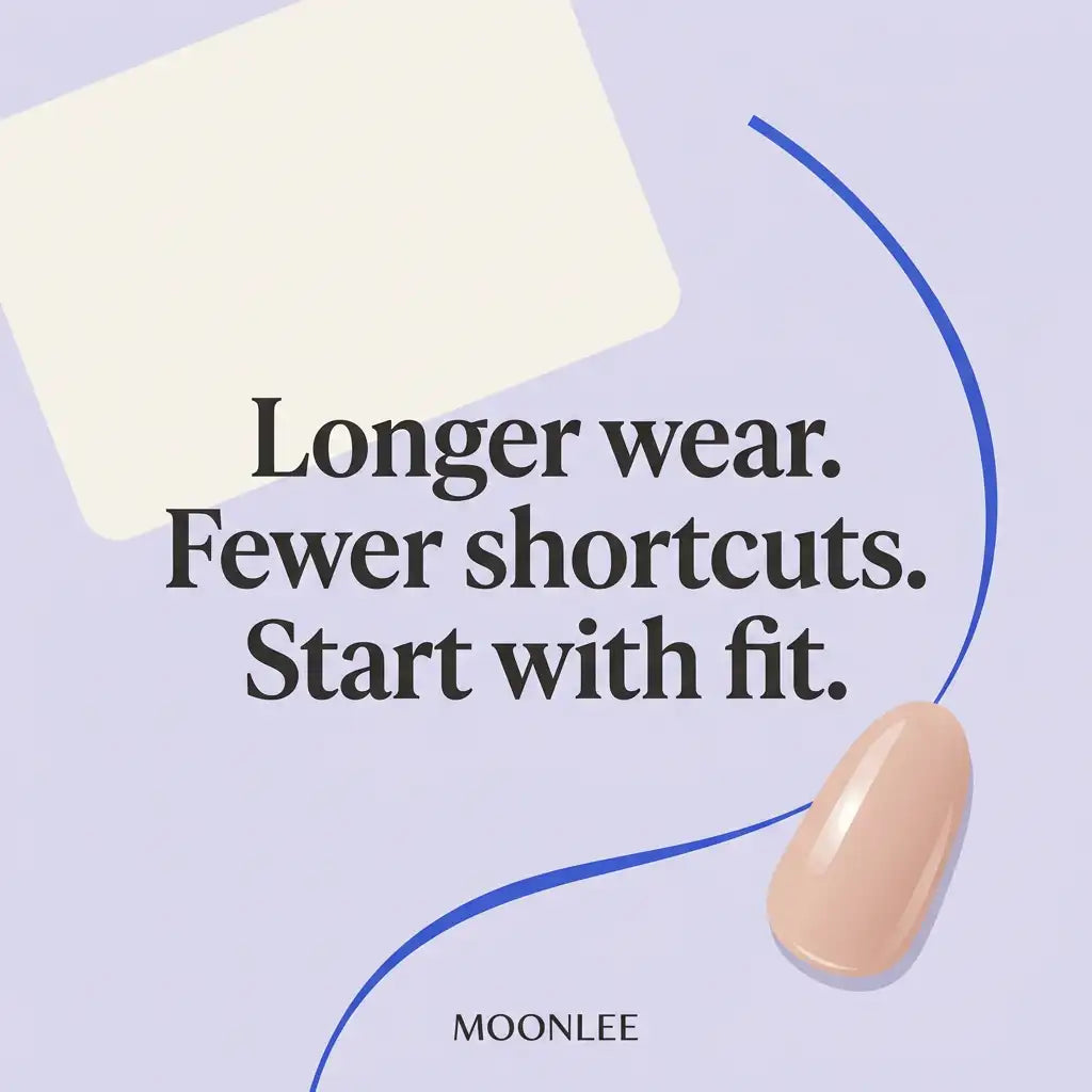 MOONLEE press-on wear guide cover with a lavender background, cream shape, cobalt curve and nude nail tip, reading “Longer wear. Fewer shortcuts. Start with fit.”