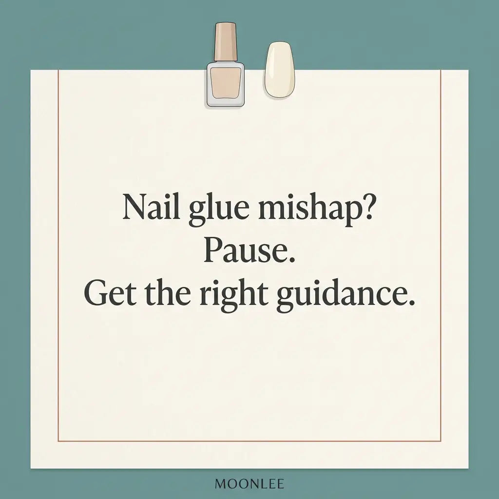 MOONLEE nail glue guidance cover with a closed generic bottle and ivory nail tip on muted teal, reading Nail glue mishap? Pause. Get the right guidance.