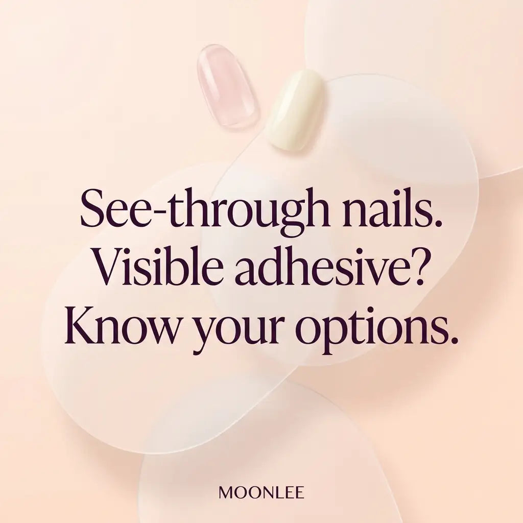 MOONLEE translucent nail guide cover with peach tones, frosted shapes and sheer pink and cream nail tips, reading “See-through nails. Visible adhesive? Know your options.”