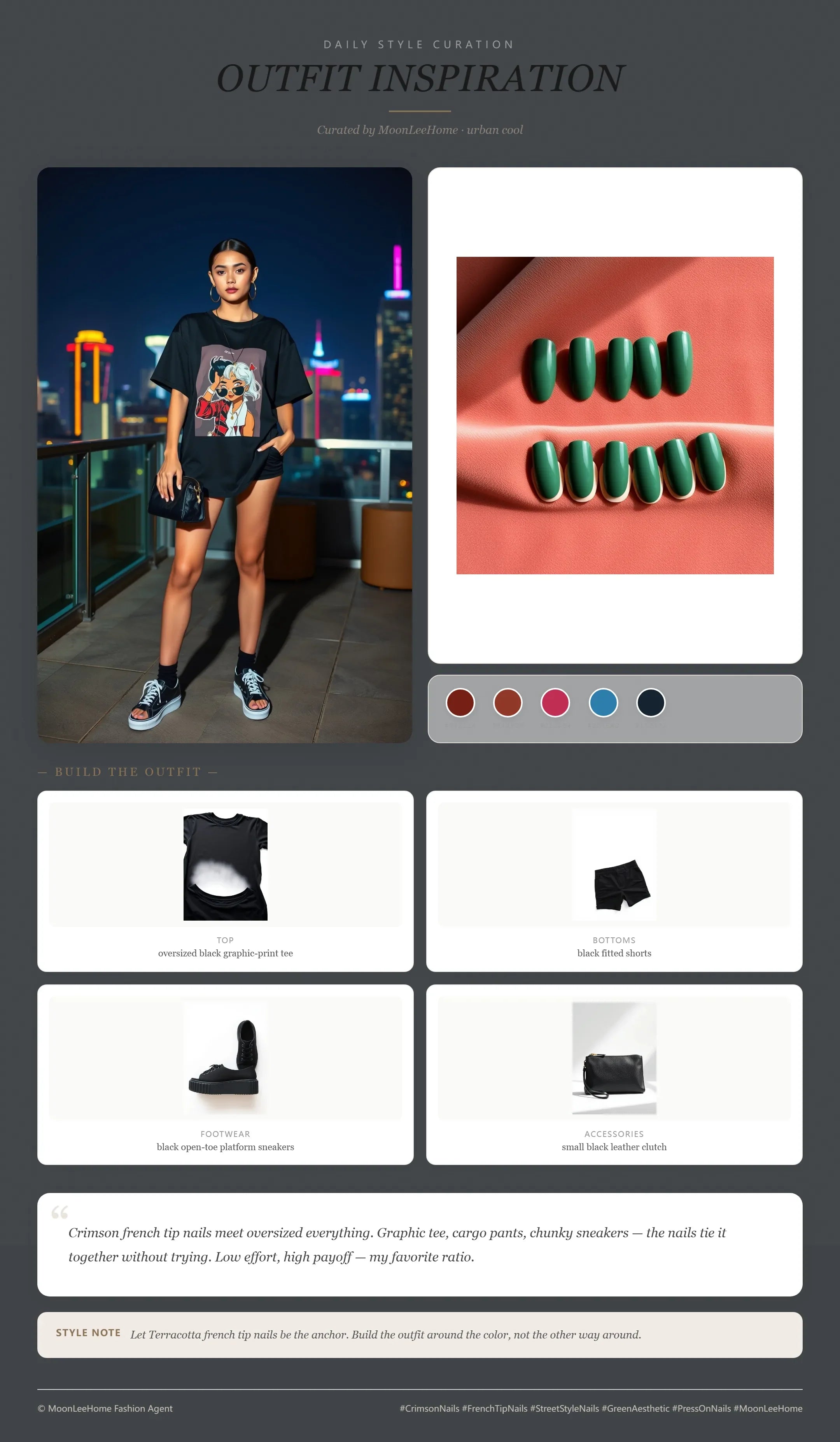 MOONLEE Acid Ivy 3D Press-On Nails paired with oversized black graphic-print tee, black fitted shorts, black open-toe platform sneakers, small black leather clutch party outfit inspiration card