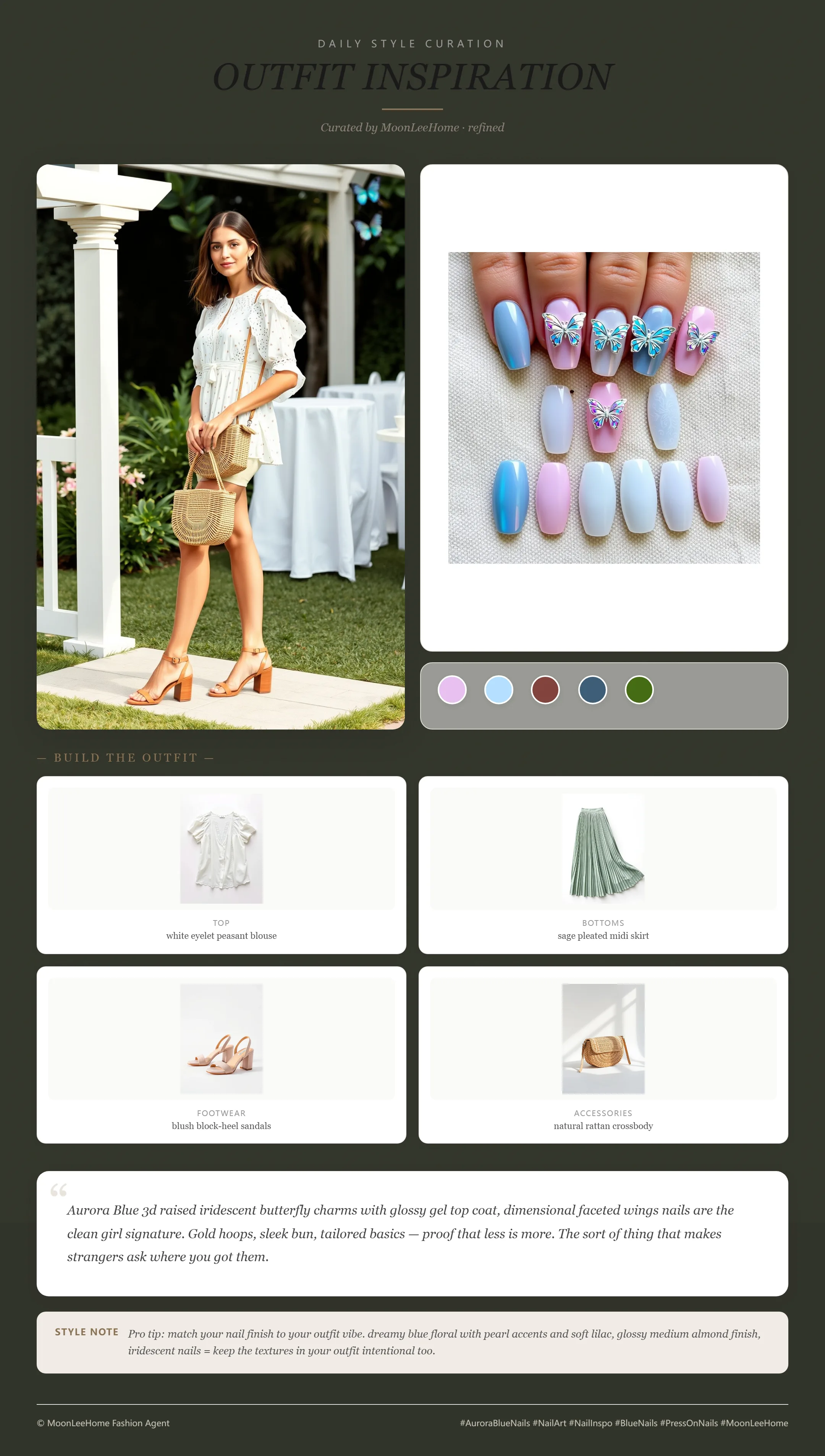 MOONLEE Aurora Butterfly 3D Press-On Nails paired with white eyelet peasant blouse, sage pleated midi skirt, blush block-heel sandals, natural rattan crossbody — garden party outfit inspiration