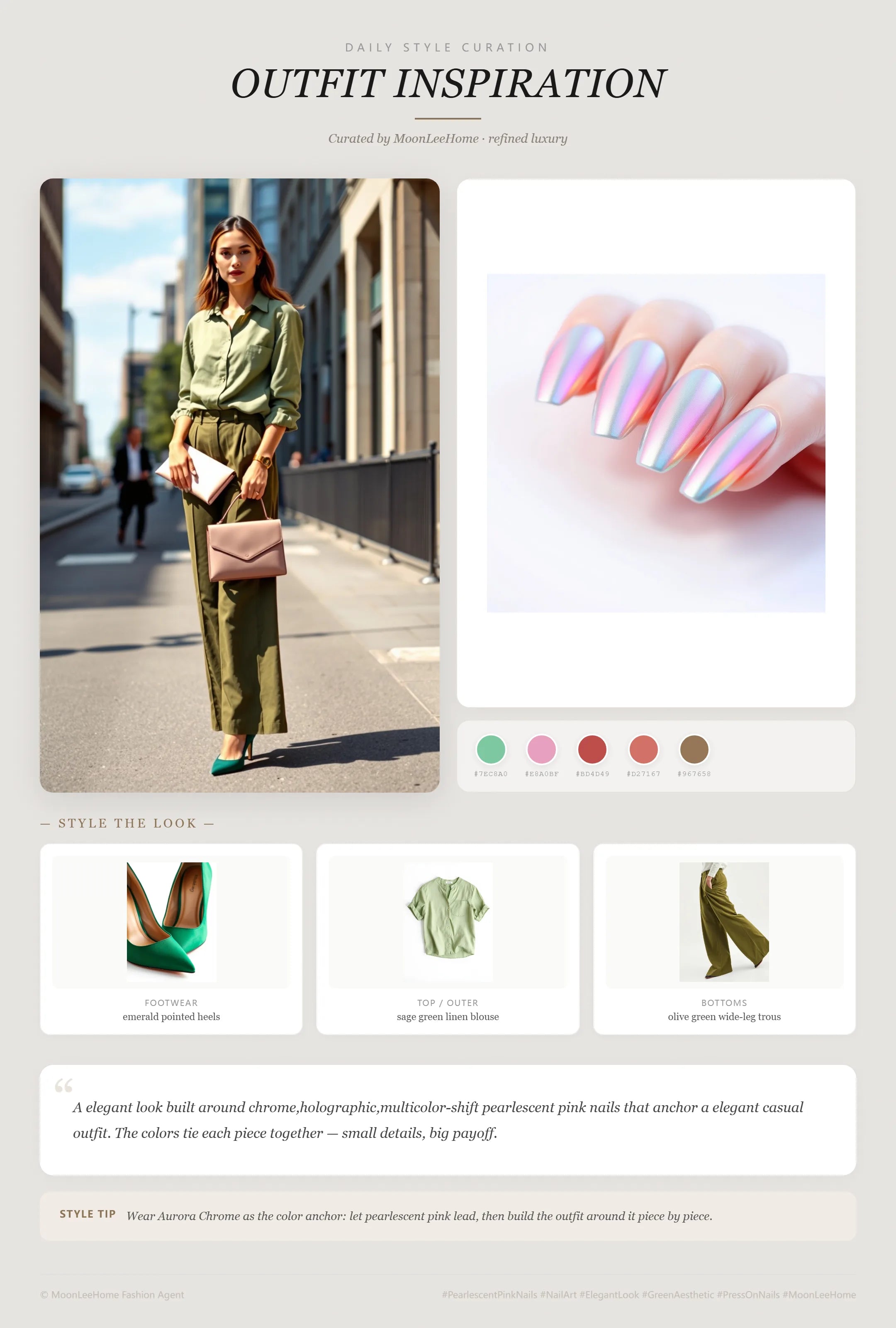 MOONLEE Pearlescent Pink × Sage Mint Elegant Press-On Nails paired with sage green linen blouse, olive green wide-leg trousers, emerald pointed heels, dusty pink crossbody clutch fashion inspiration card