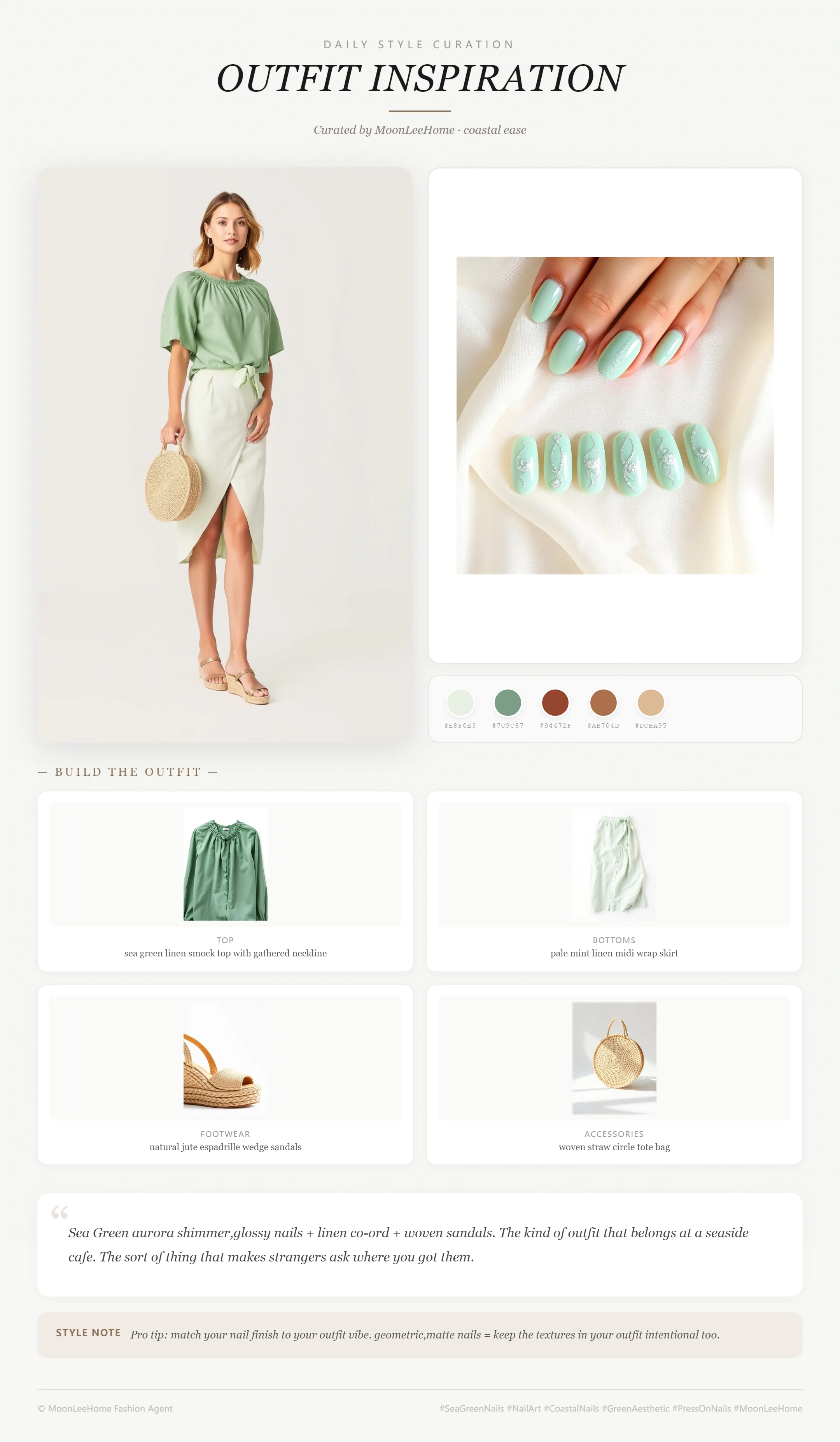 MOONLEE Sea Green × Pale Mint Coastal Press-On Nails paired with sea green linen smock top with gathered neckline, pale mint linen midi wrap skirt, natural jute espadrille wedge sandals, woven straw circle tote bag fashion inspiration card
