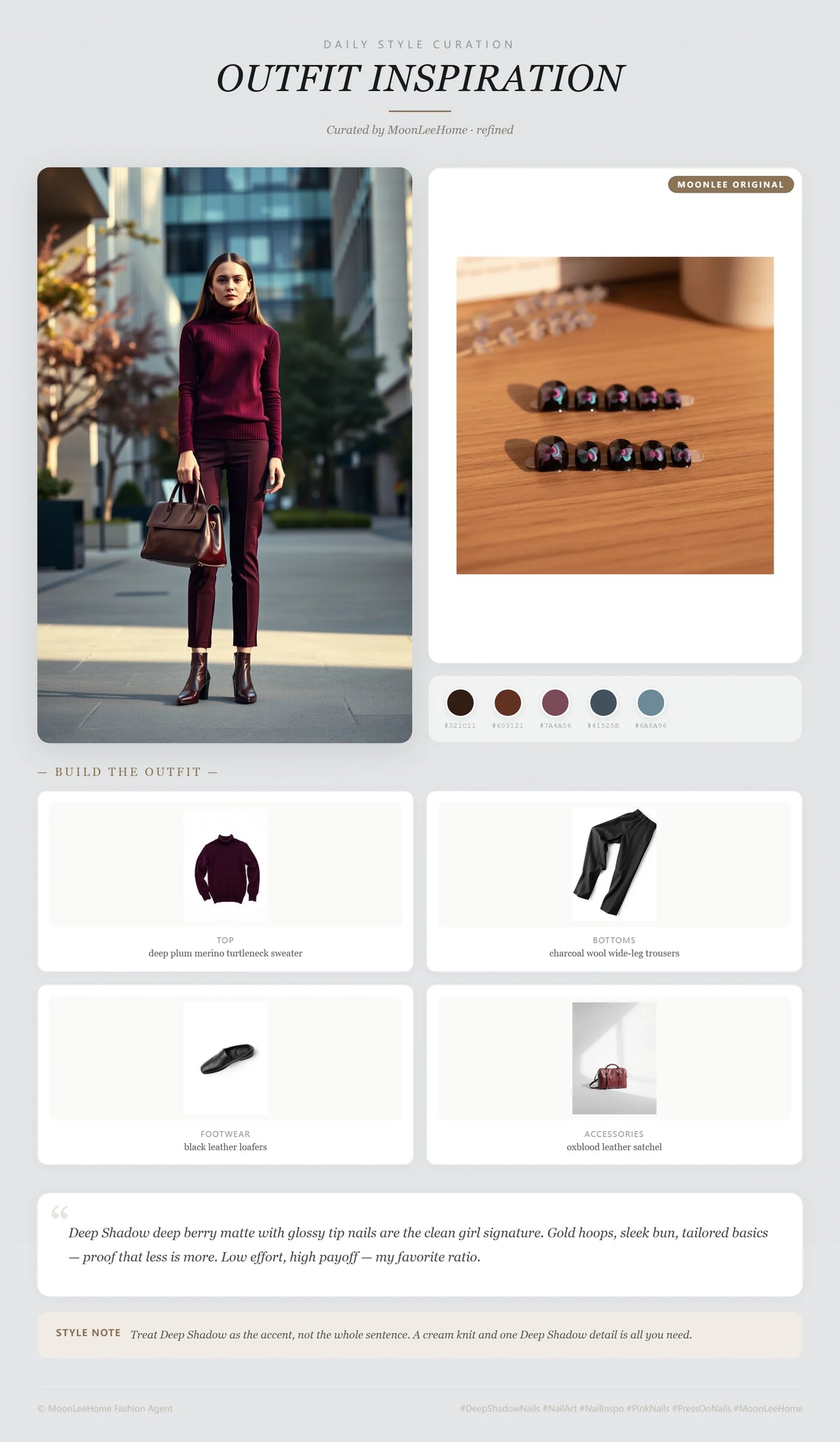 MOONLEE Blackberry Macaron short squoval press-on nails styled with a deep plum merino turtleneck, charcoal wide-leg trousers, black loafers, and an oxblood satchel for a library outfit.