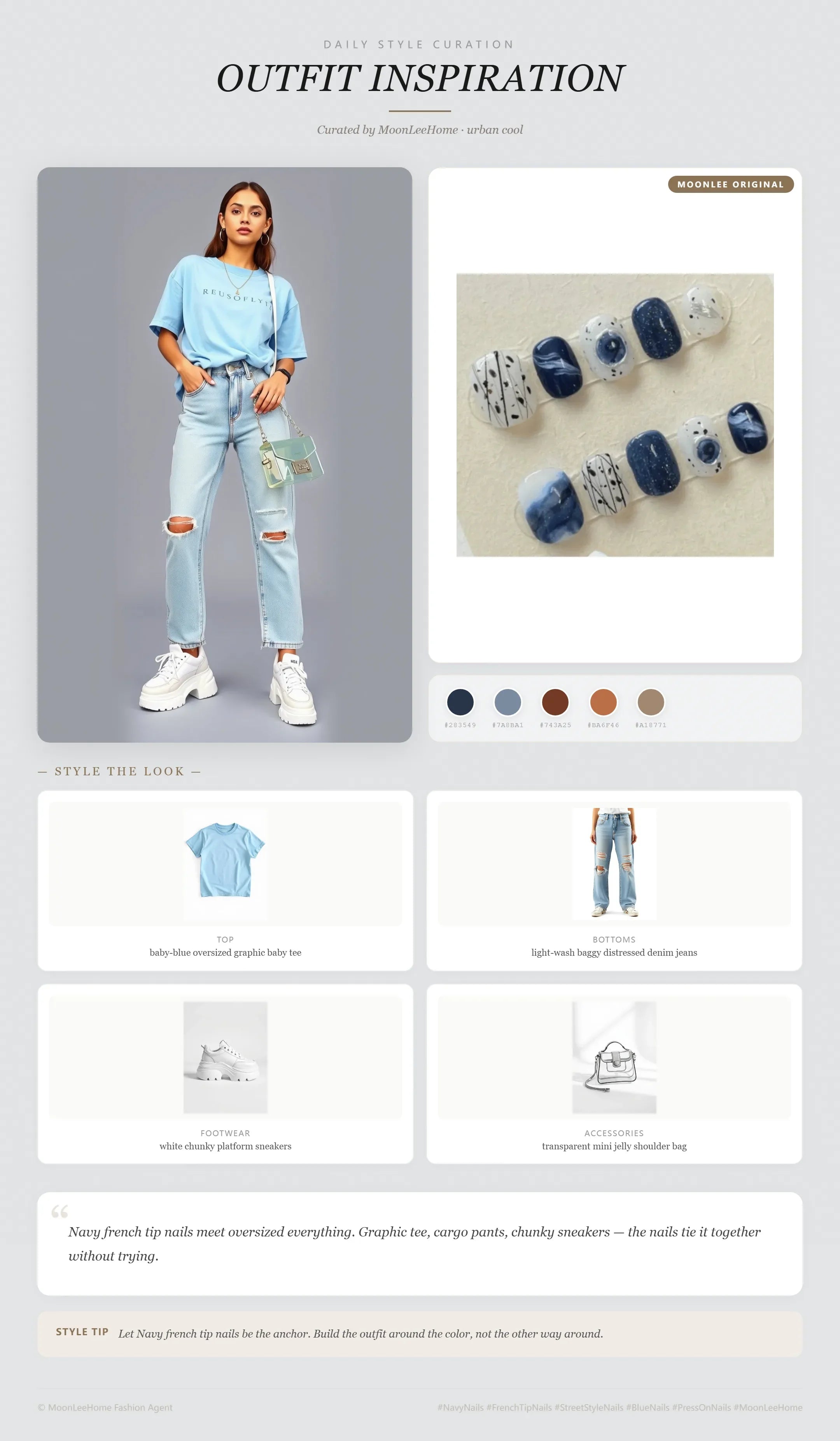 MOONLEE Blue Sugar Macaron Press-On Nails paired with baby-blue oversized graphic tee, light-wash baggy distressed denim jeans, white chunky platform sneakers, transparent mini jelly shoulder bag — Y2K streetwear weekend outfit inspiration