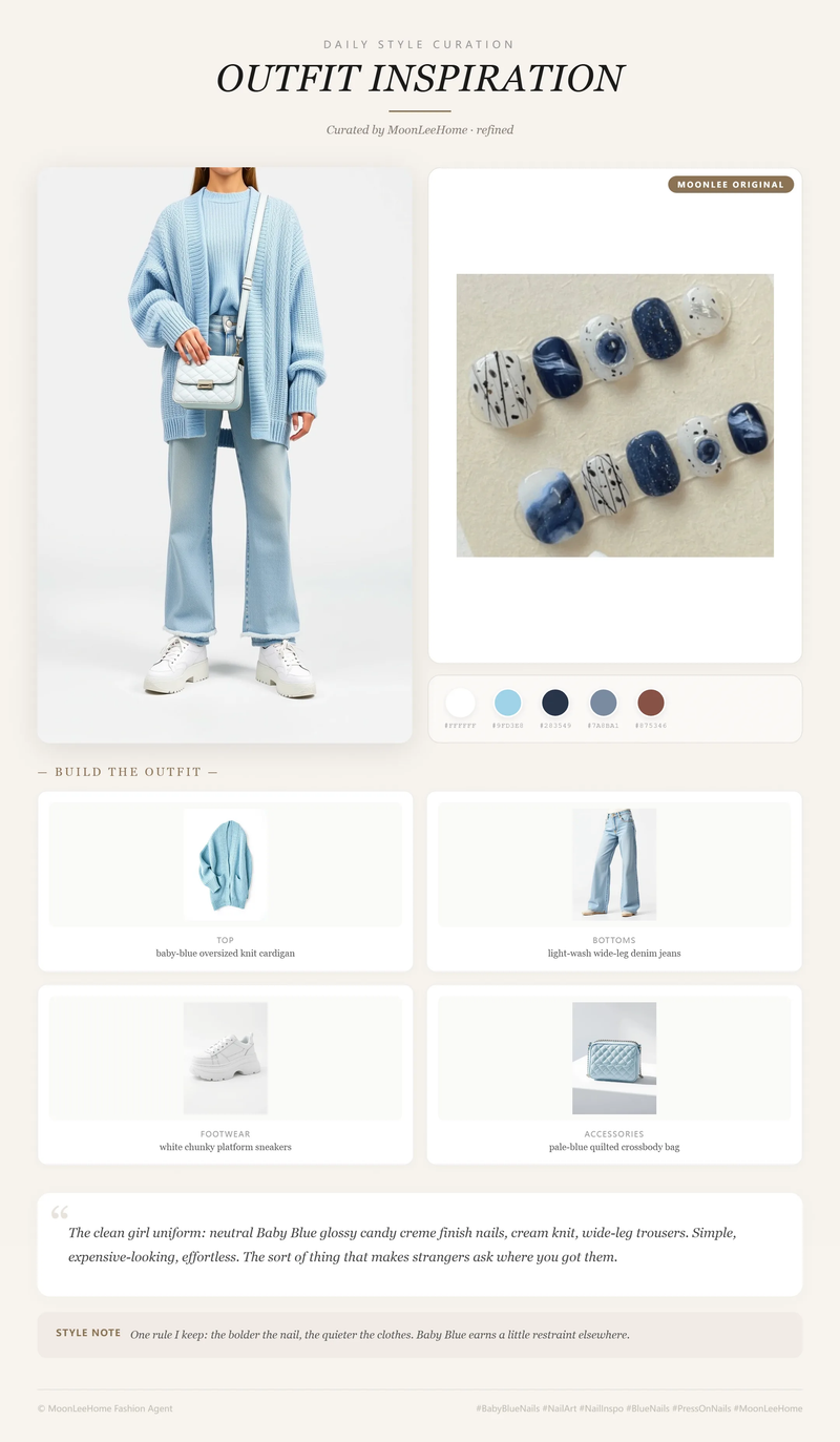 Blue Sugar Macaron Press-On Nails + Daily Outfit Ideas | MOONLEE Style