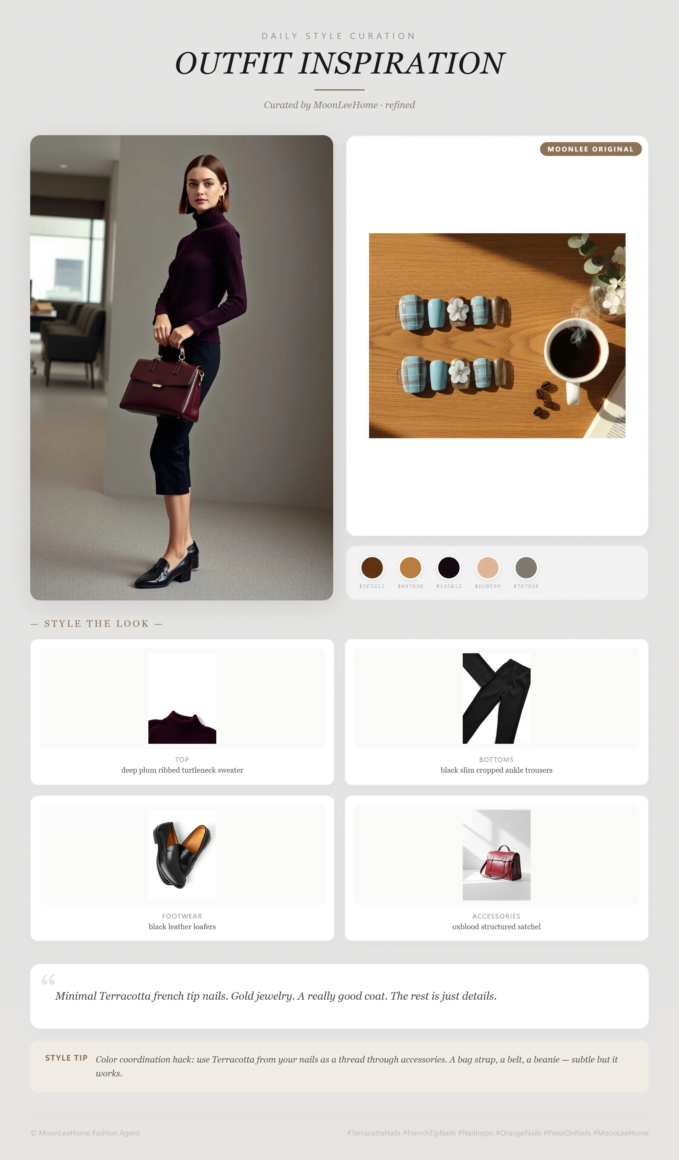 MOONLEE Terracotta × Terracotta Dark Press-On Nails paired with deep plum ribbed turtleneck sweater, black slim cropped ankle trousers, black leather loafers, oxblood structured satchel fashion inspiration card