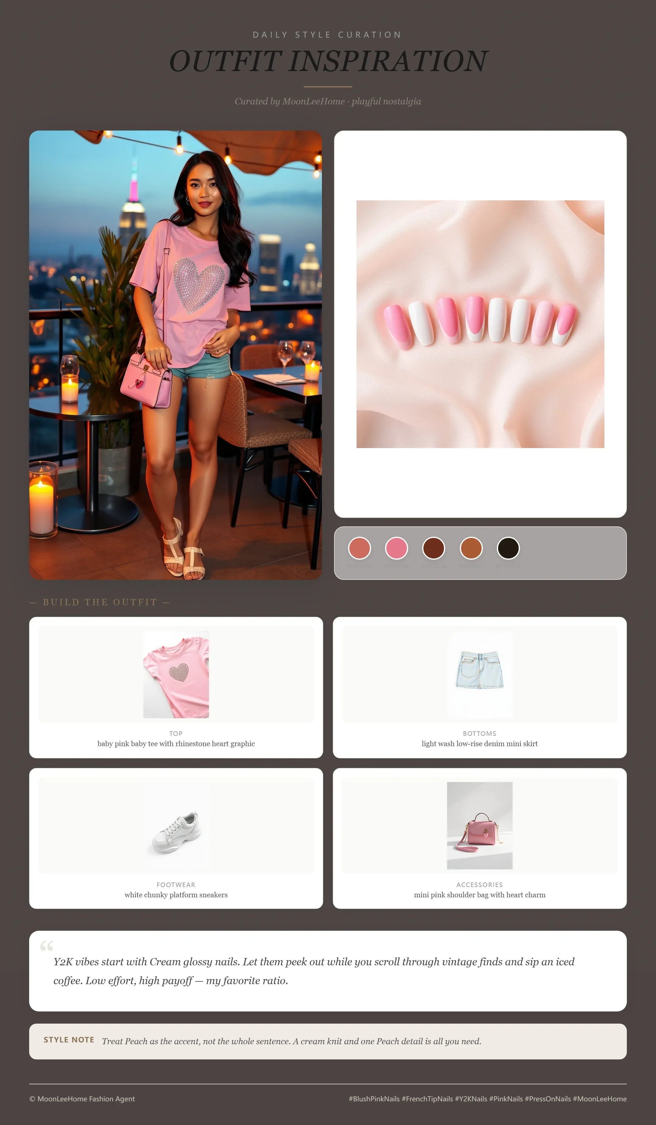 Bubblegum Pixel 3D Press-On Nails paired with pink baby tee, denim mini skirt, white sneakers and pink bag — y2k date-night outfit