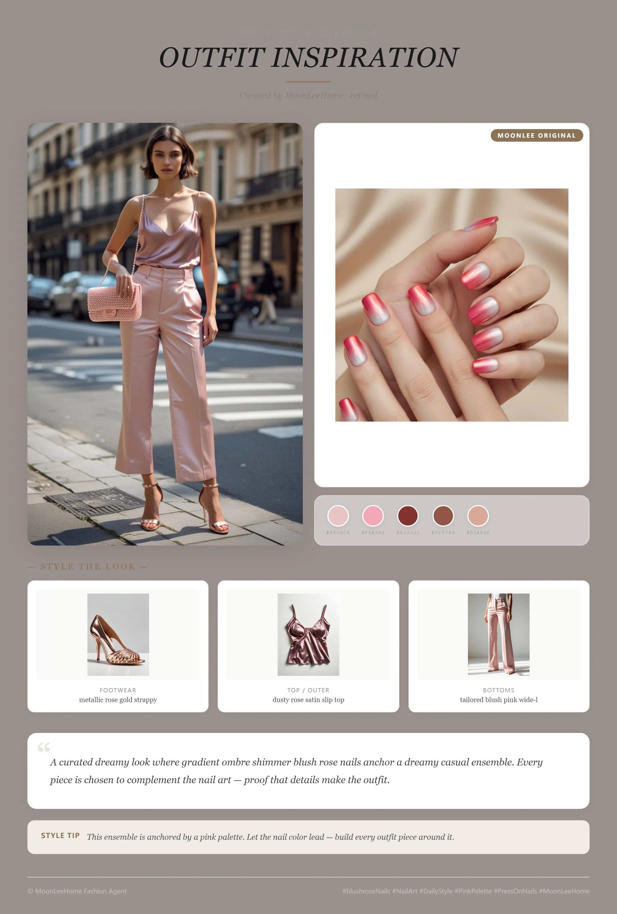 MOONLEE Rose Soufflé blush pink gradient ombré short coffin press-on nails paired with dusty rose satin slip top, sheer ivory organza cardigan, blush pink wide-leg trousers and metallic rose gold heels — romantic date night outfit inspiration