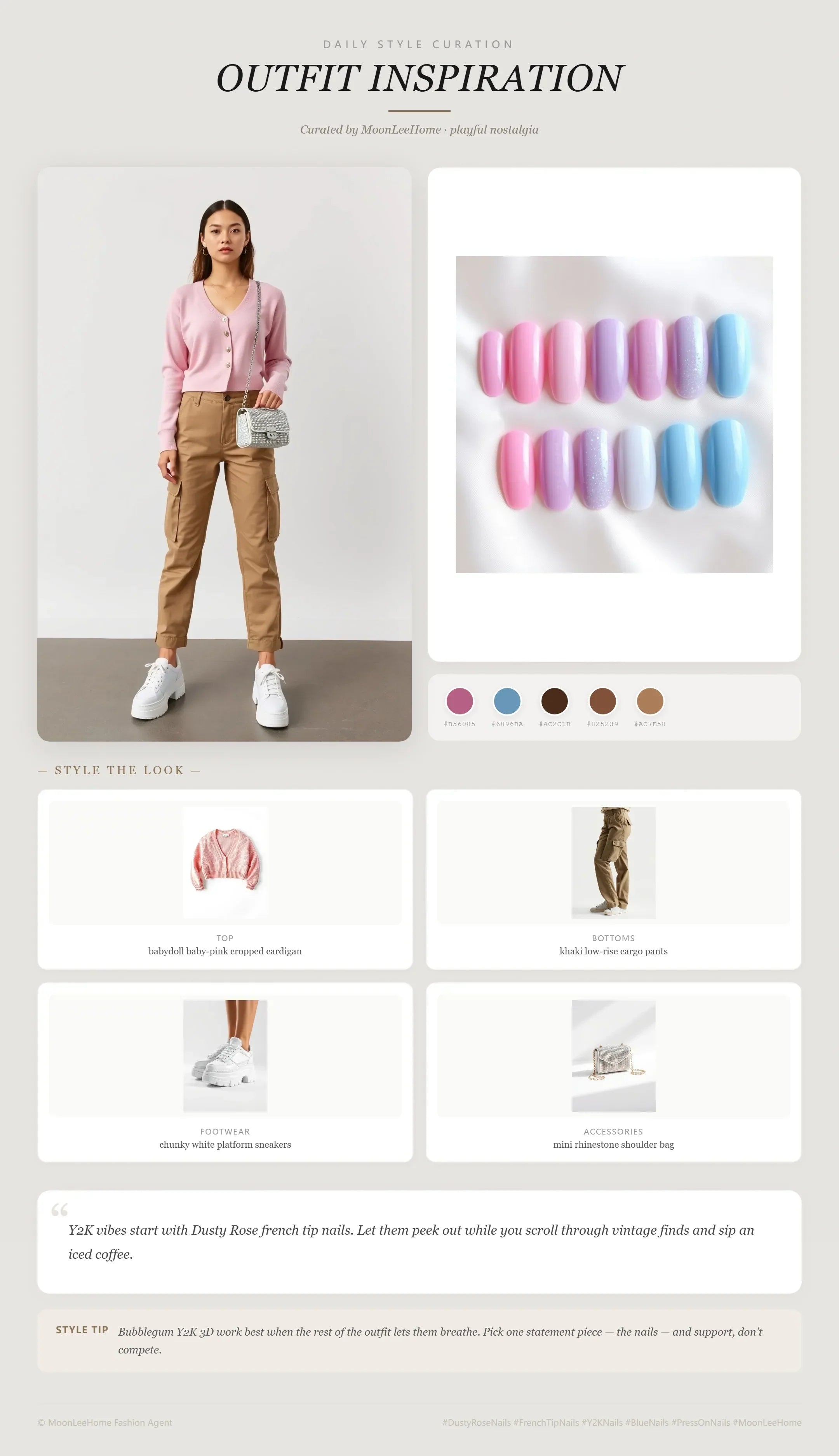 MOONLEE Bubblegum Y2K 3D Press-On Nails paired with baby-pink cropped cardigan, khaki low-rise cargo pants, chunky white platform sneakers, mini rhinestone shoulder bag — Y2K work outfit inspiration