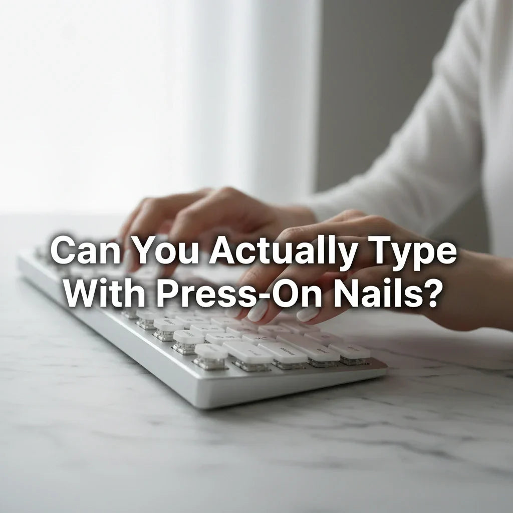 Short round press-on nails typing on a mechanical keyboard — press-on nails for work and all-day typing