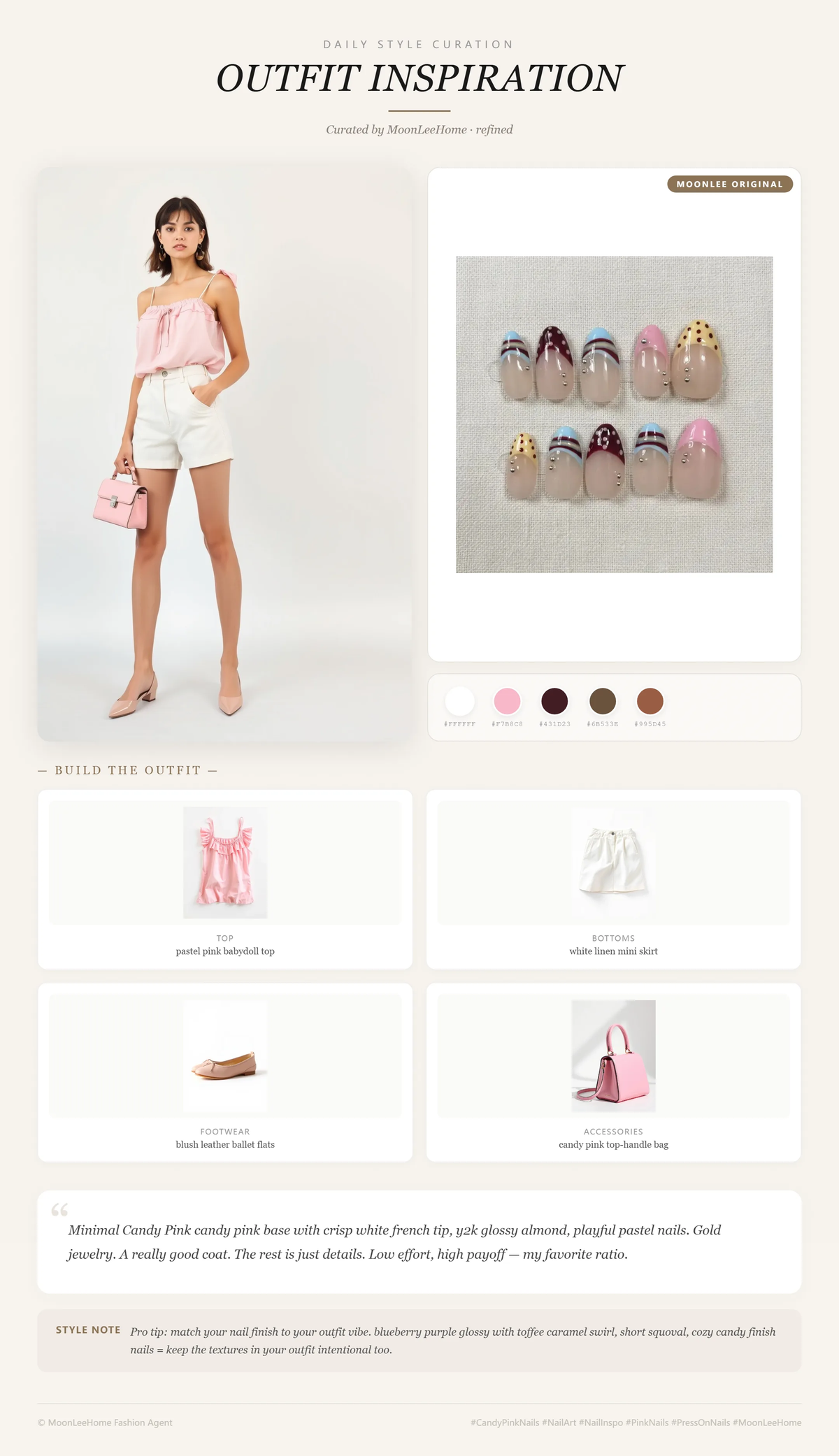 MOONLEE Candy French short almond press-on nails styled with a pastel pink babydoll top, white linen mini skirt, blush ballet flats, and candy pink bag for brunch.