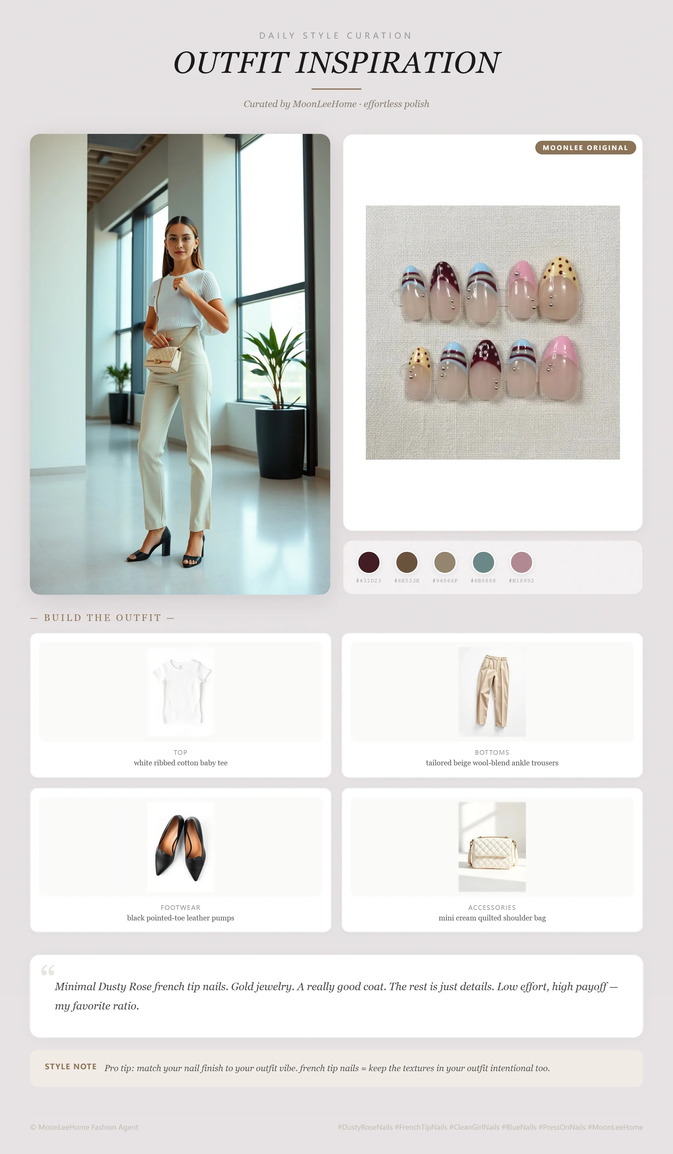 MOONLEE Candy French Press-On Nails paired with white ribbed baby tee, tailored beige wool-blend ankle trousers, black pointed-toe leather pumps and mini cream quilted shoulder bag — office outfit inspiration