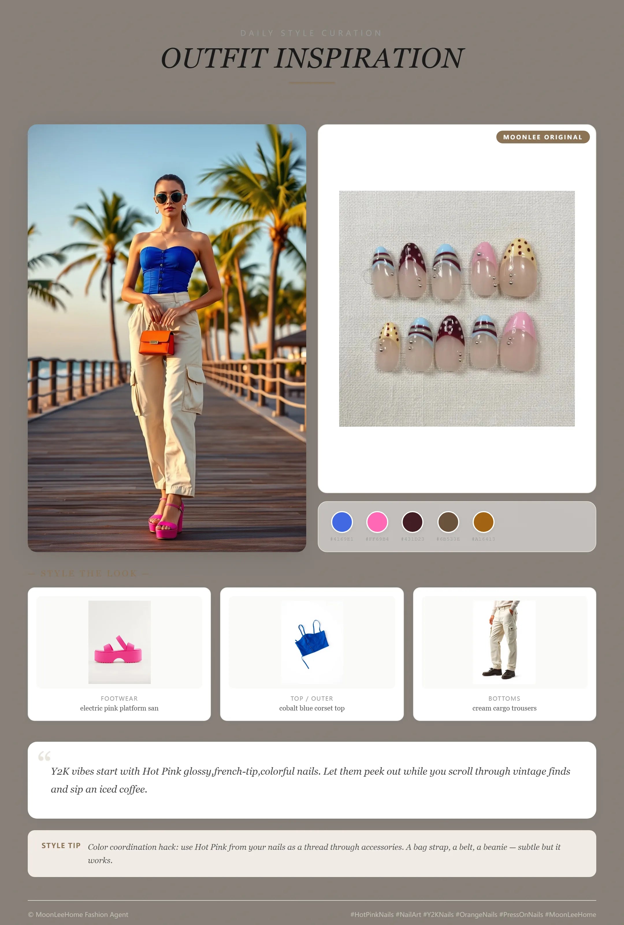 MOONLEE Hot Pink × Royal Blue Y2K Press-On Nails paired with cobalt blue corset top, cream cargo trousers, electric pink platform sandals, tangerine mini shoulder bag fashion inspiration card