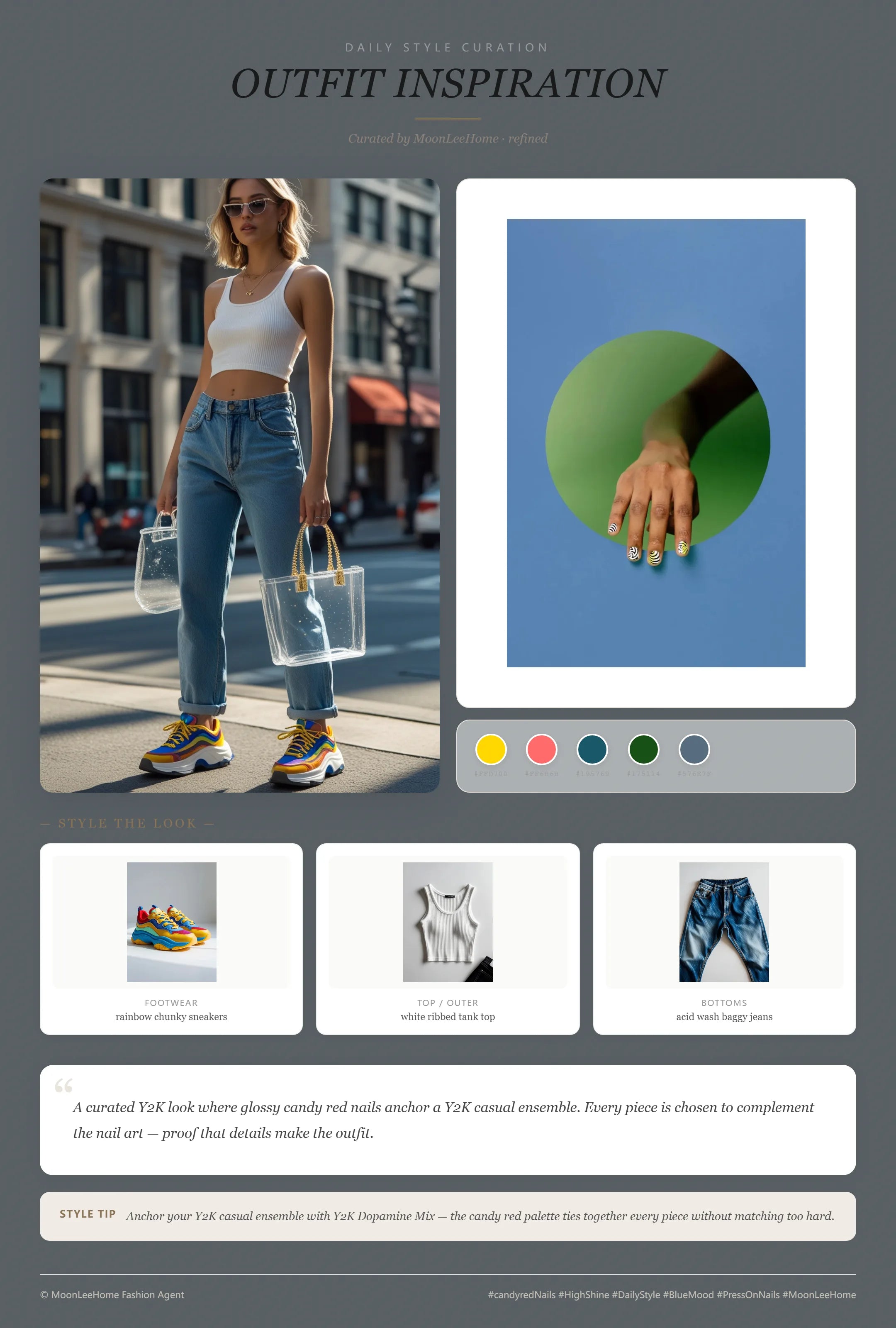 Trend: Real Y2K dopamine colorful press-on nails, paired with white ribbed tank, acid wash baggy jeans, rainbow sneakers and jelly tote — playful street aesthetic 2026