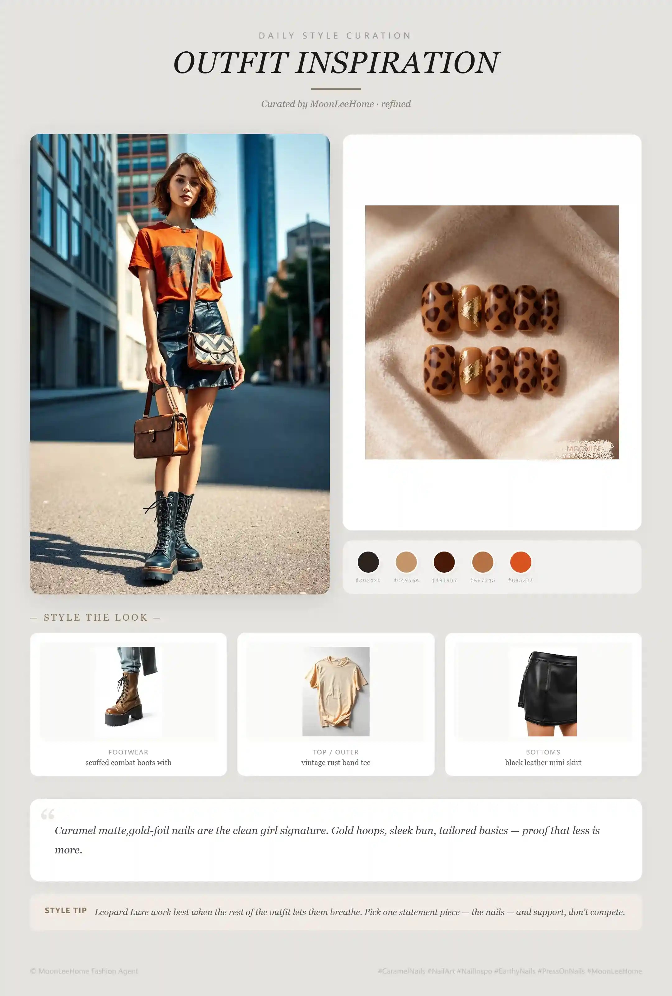 MOONLEE Caramel × Espresso Edgy Press-On Nails paired with vintage rust band tee, black leather mini skirt, scuffed combat boots with platform, worn brown crossbody bag fashion inspiration card
