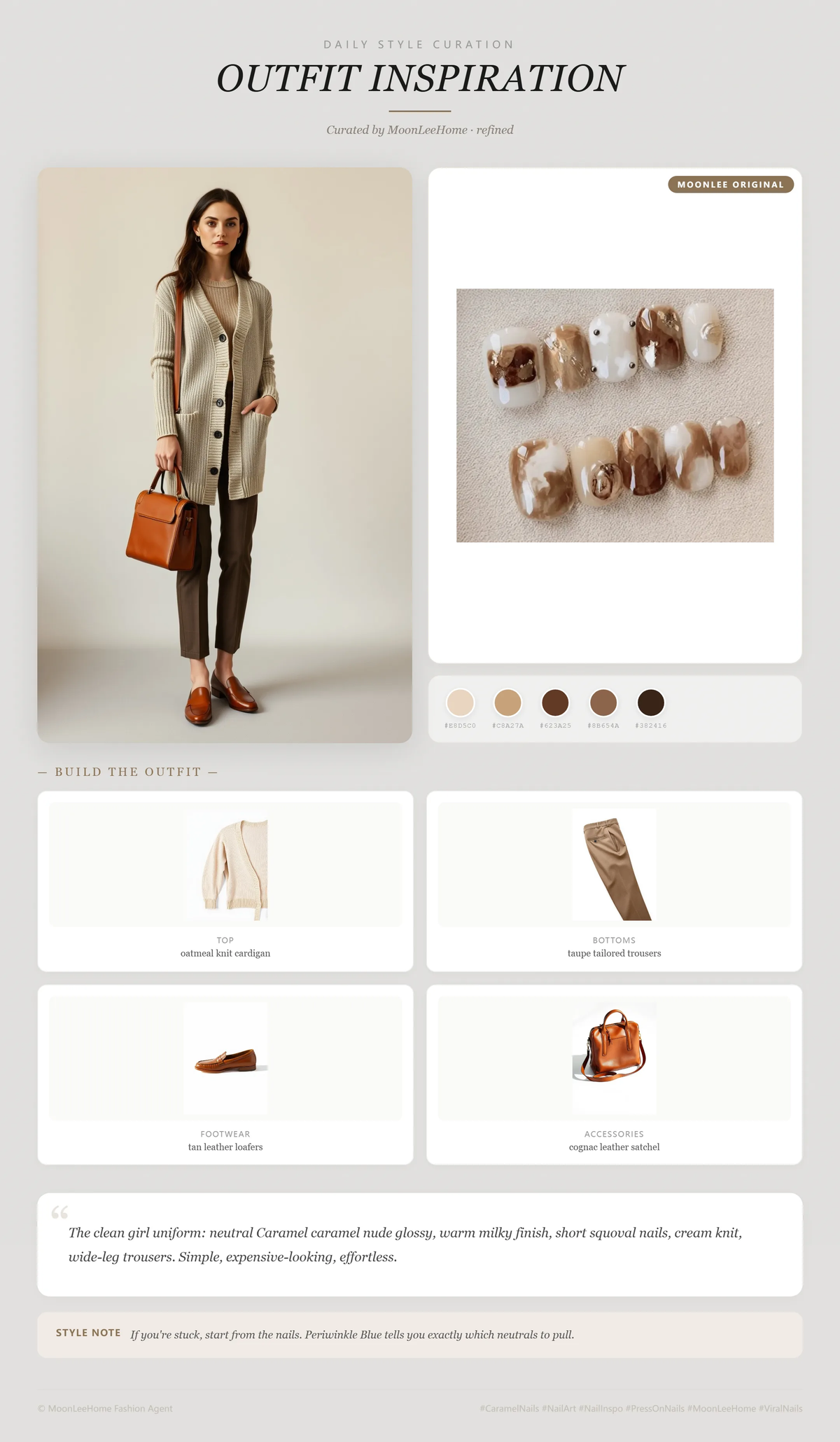 MOONLEE Caramel Torte short squoval press-on nails styled with an oatmeal knit cardigan, taupe tailored trousers, tan leather loafers, and cognac satchel for an office outfit.