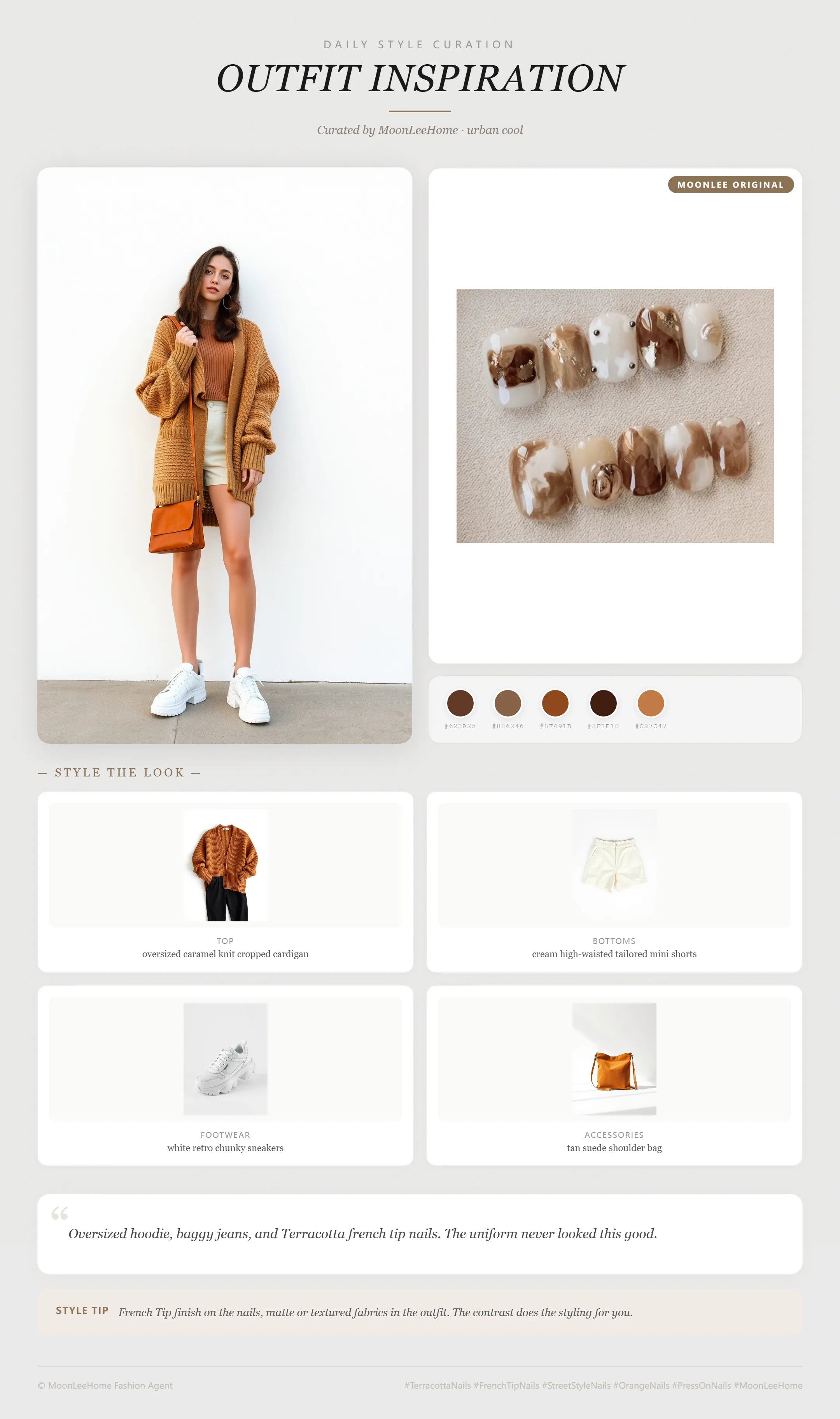 MOONLEE Terracotta × Peach Streetwear Press-On Nails paired with oversized caramel knit cropped cardigan, cream high-waisted tailored mini shorts, white retro chunky sneakers, tan suede shoulder bag fashion inspiration card