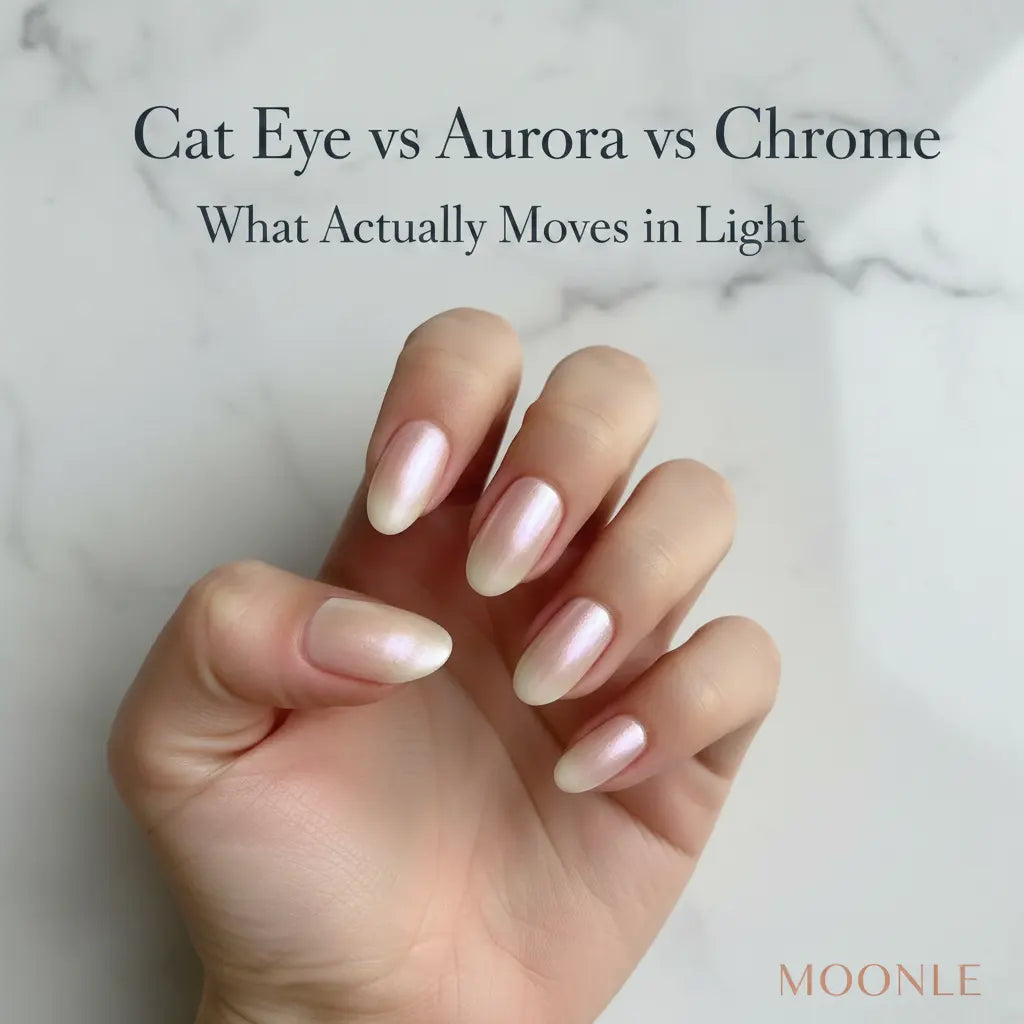 Short almond aurora shimmer press-on nails shifting pink to pearl in natural light — Cat Eye vs Aurora vs Chrome | MOONLEE
