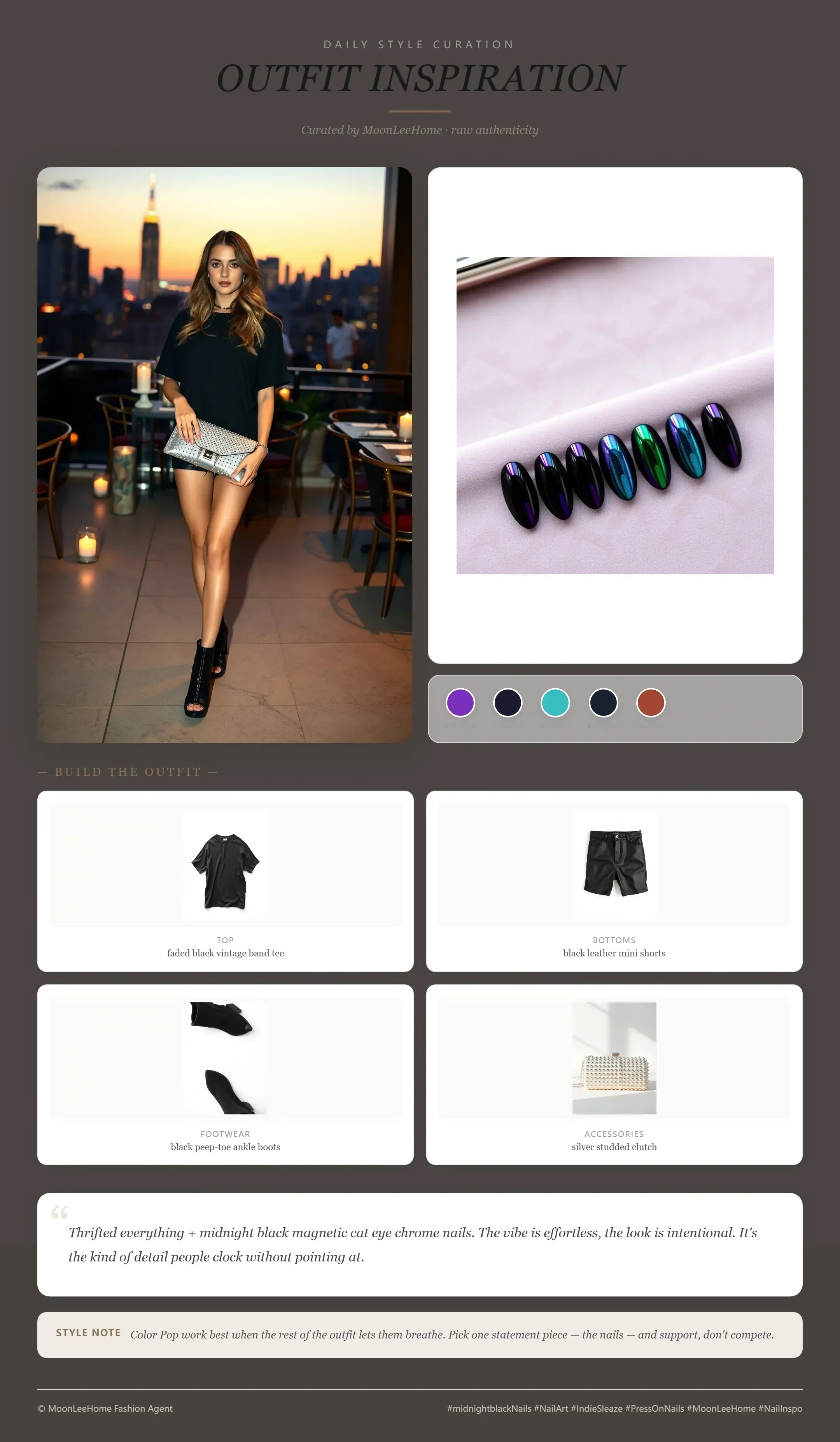 MOONLEE Cat Eye Magnetic Press-On Nails paired with faded black vintage band tee, black leather mini shorts, black peep-toe ankle boots, silver studded clutch — date night outfit inspiration