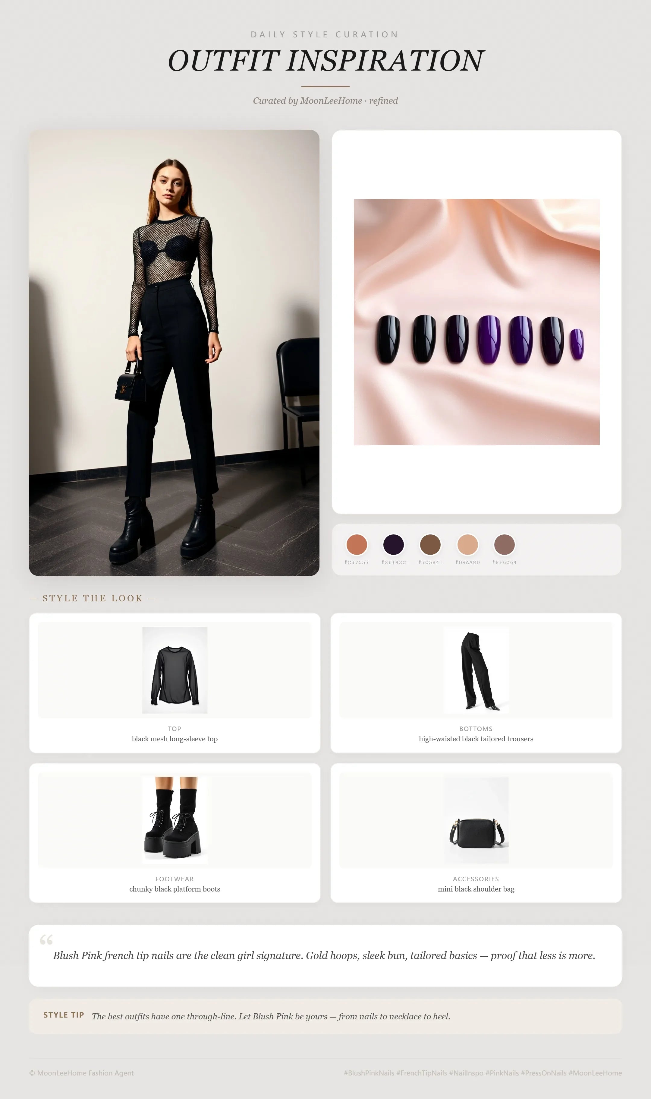 MOONLEE Cat Eye Noir Press-On Nails paired with black mesh long-sleeve top, high-waisted black tailored trousers, chunky black platform boots, mini black shoulder bag — party night out look
