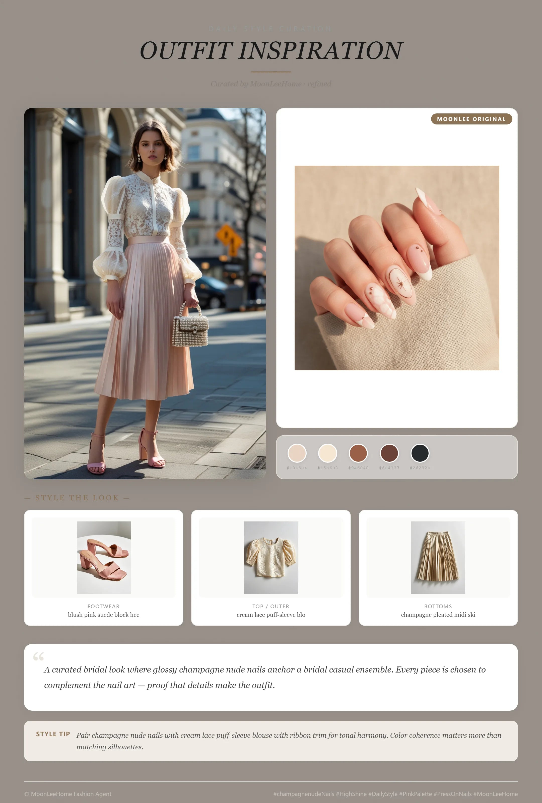 MOONLEE Cotton Candy ombre marble nails paired with cream lace blouse, champagne pleated midi skirt, blush suede heels and pearl top handle bag — garden party outfit inspiration
