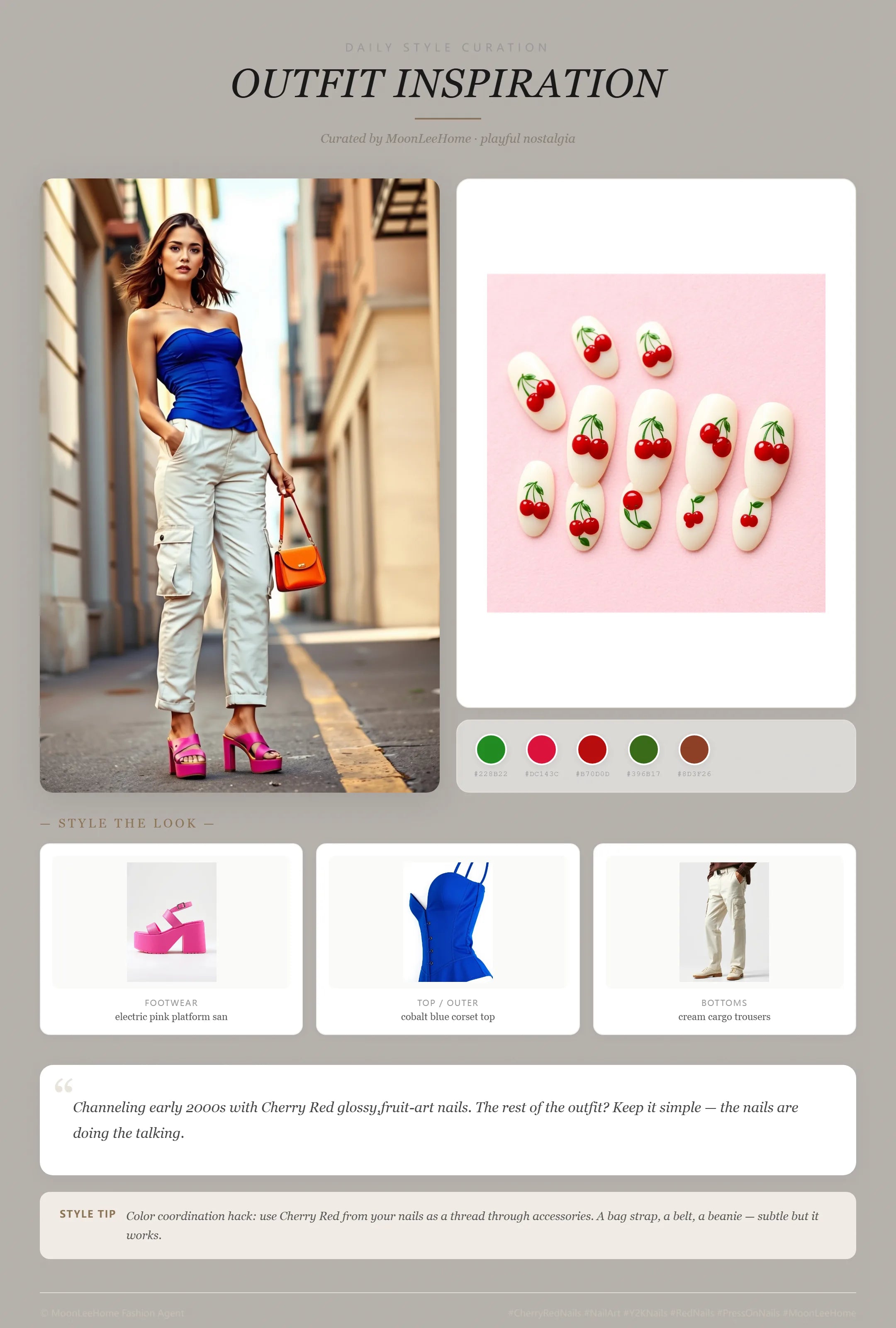 MOONLEE Cherry Red × Leaf Green Y2K Press-On Nails paired with cobalt blue corset top, cream cargo trousers, electric pink platform sandals, tangerine mini shoulder bag fashion inspiration card