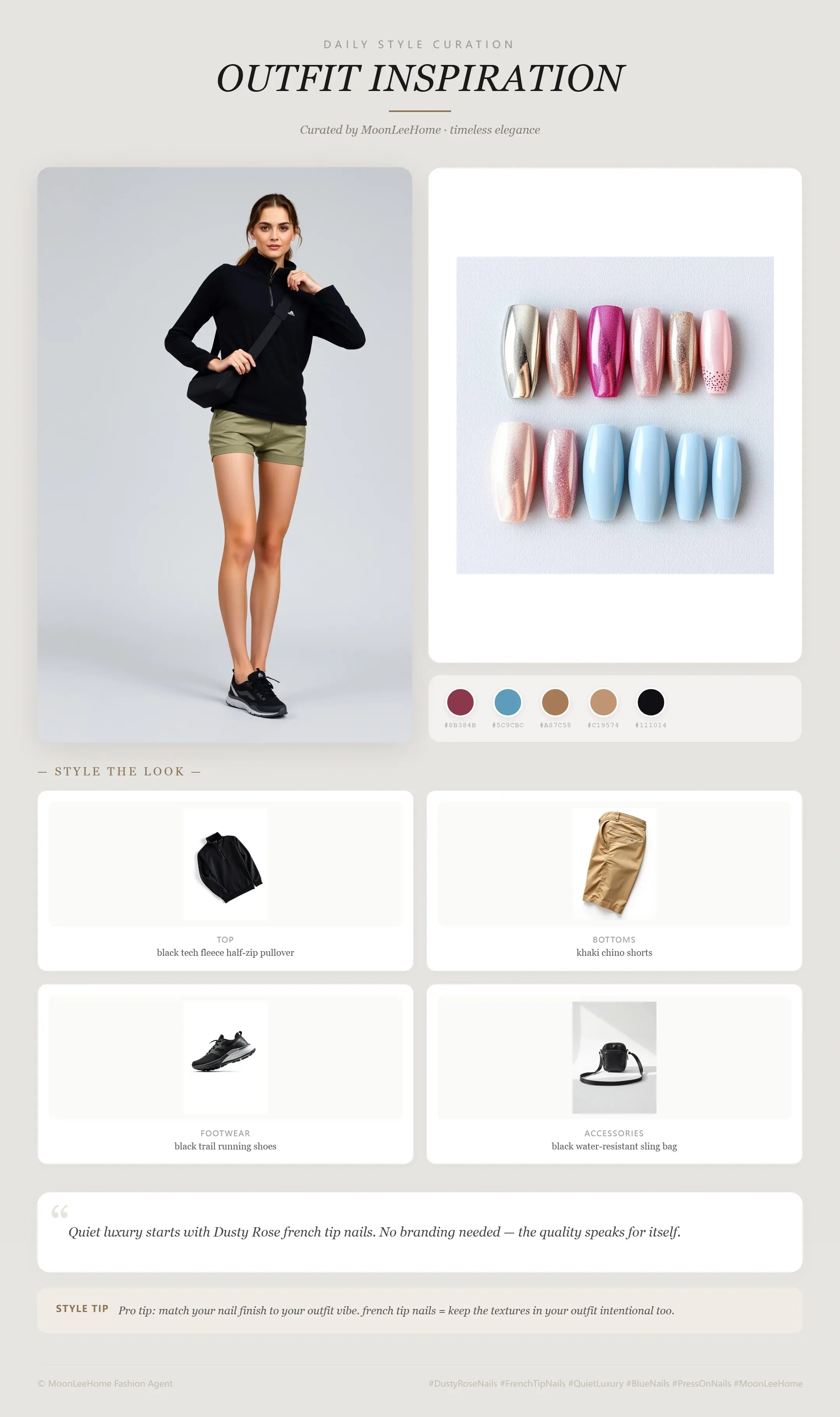 Glitter Chrome Statement press-on nails styled with black tech fleece half-zip, khaki chino shorts, and black trail running shoes for a gorpcore weekend look — MOONLEE