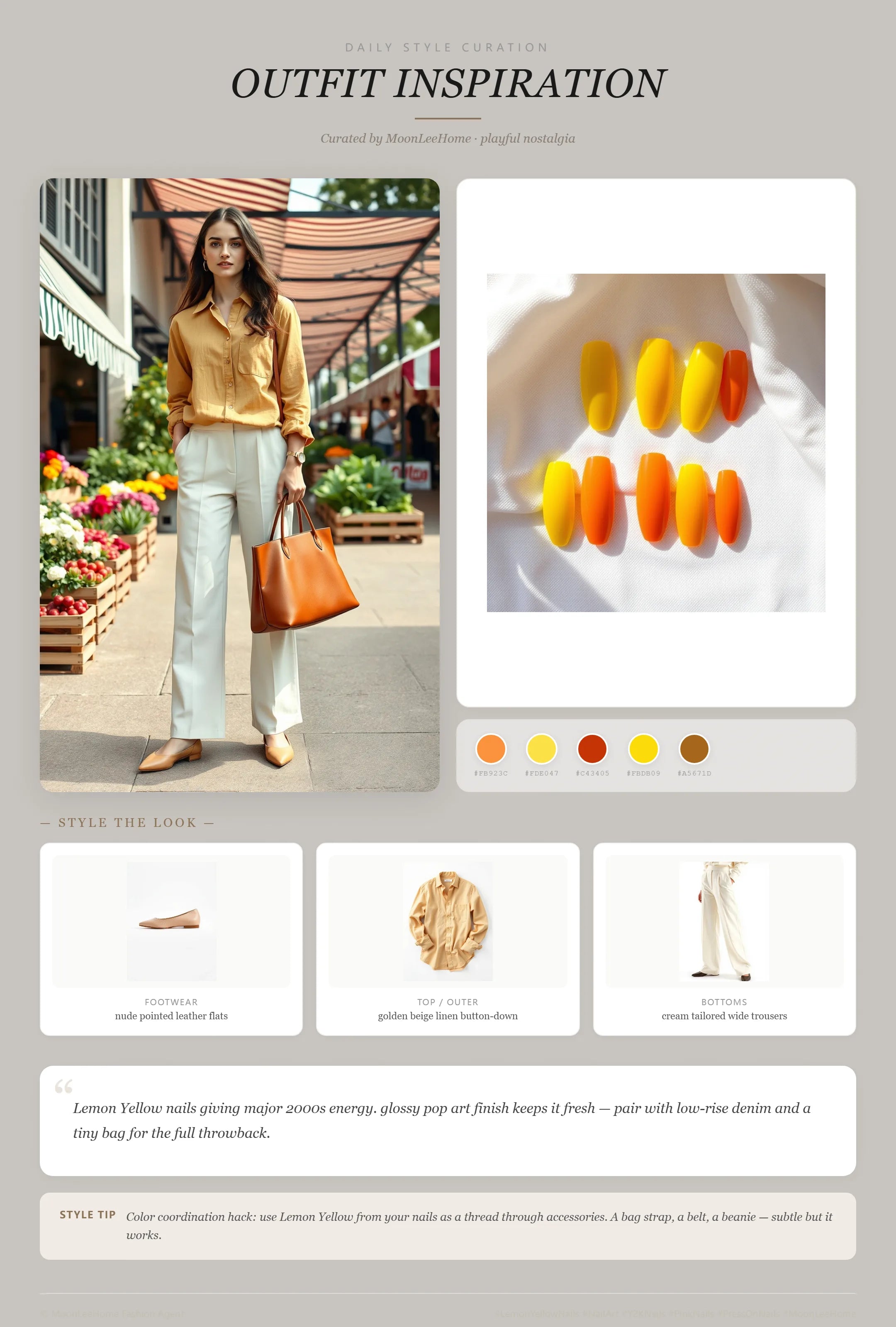 MOONLEE Lemon Yellow × Orange Y2K Press-On Nails paired with golden beige linen button-down, cream tailored wide trousers, nude pointed leather flats, honey brown leather tote fashion inspiration card