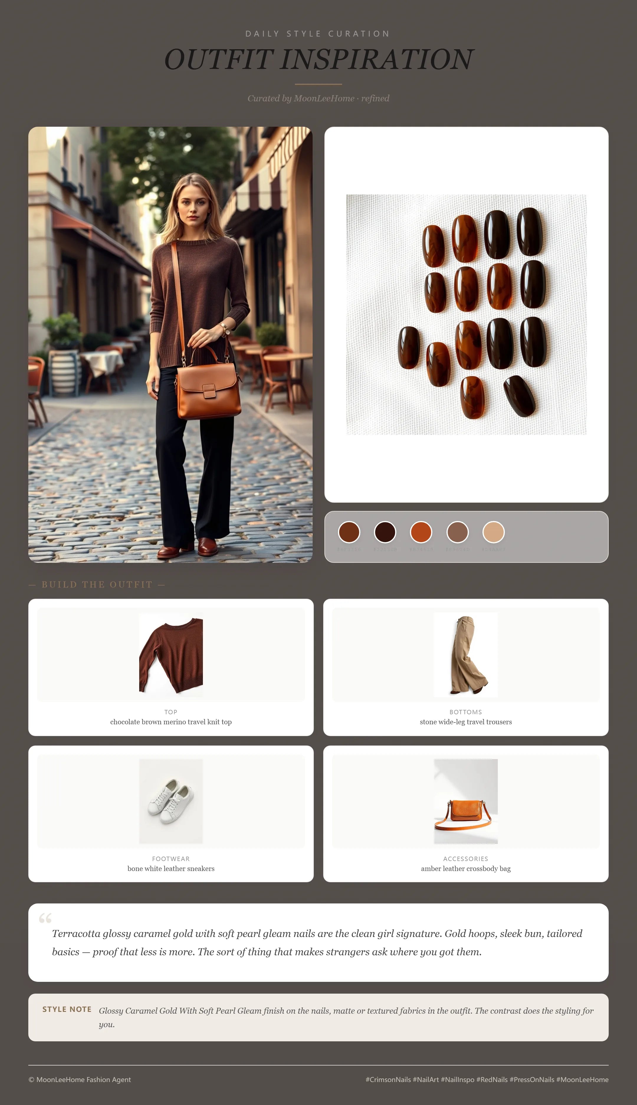MOONLEE Cocoa Tortoise Chrome Press-On Nails paired with Chocolate Brown, Stone, Bone White, Amber — travel outfit inspiration | MOONLEE