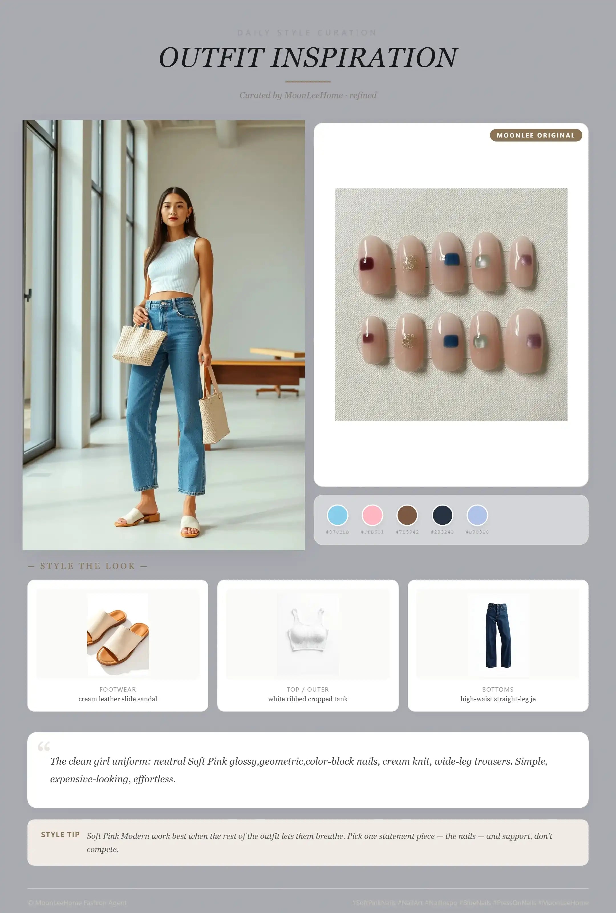 MOONLEE Soft Pink × Sky Blue Modern Press-On Nails paired with white ribbed cropped tank top, high-waist straight-leg jeans, cream leather slide sandals, blush pink woven tote bag fashion inspiration card