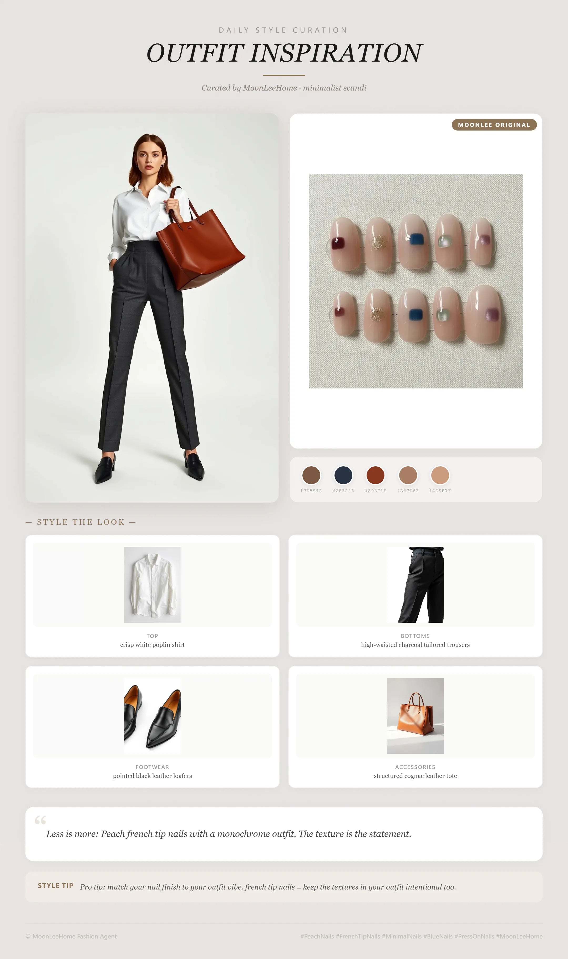 MOONLEE Color Block Press-On Nails paired with crisp white poplin shirt, high-waisted charcoal tailored trousers, pointed black leather loafers, structured cognac leather tote — office work look