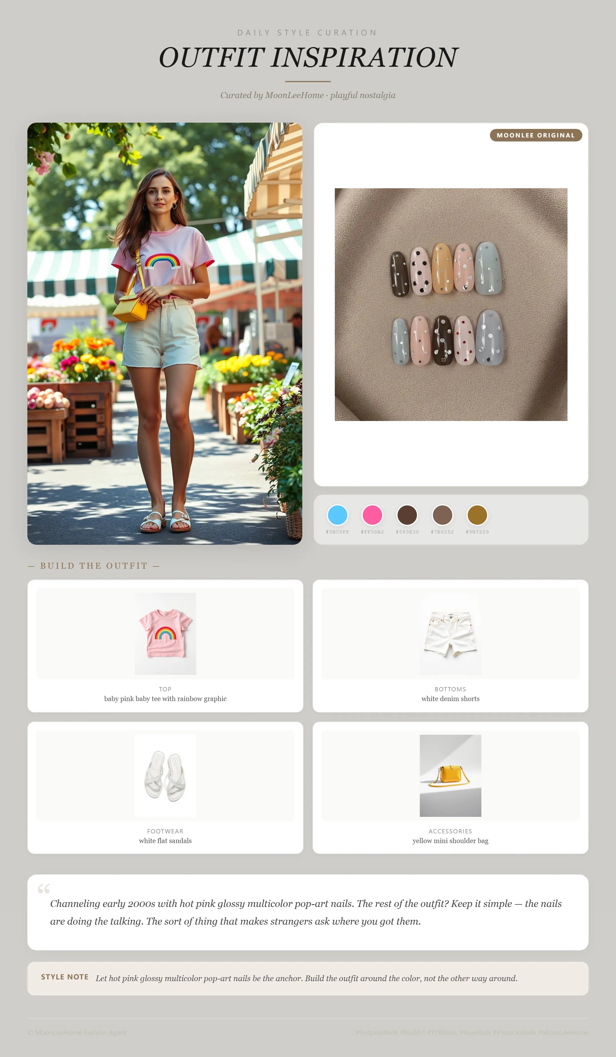 MOONLEE Color Pop Press-On Nails paired with baby pink baby tee with rainbow graphic, white denim shorts, white flat sandals, yellow mini shoulder bag — weekend outfit inspiration
