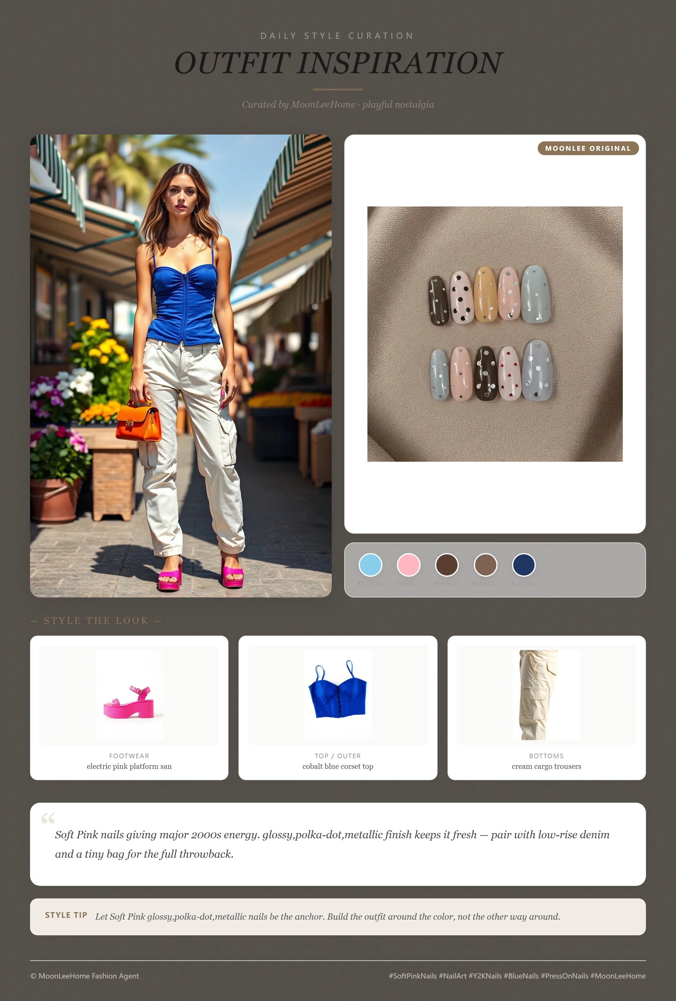 MOONLEE Color Pop Press-On Nails — polka-dot Y2K finish — paired with cobalt blue corset top, cream cargo trousers, electric pink platform sandals and tangerine mini bag, weekend outfit inspiration