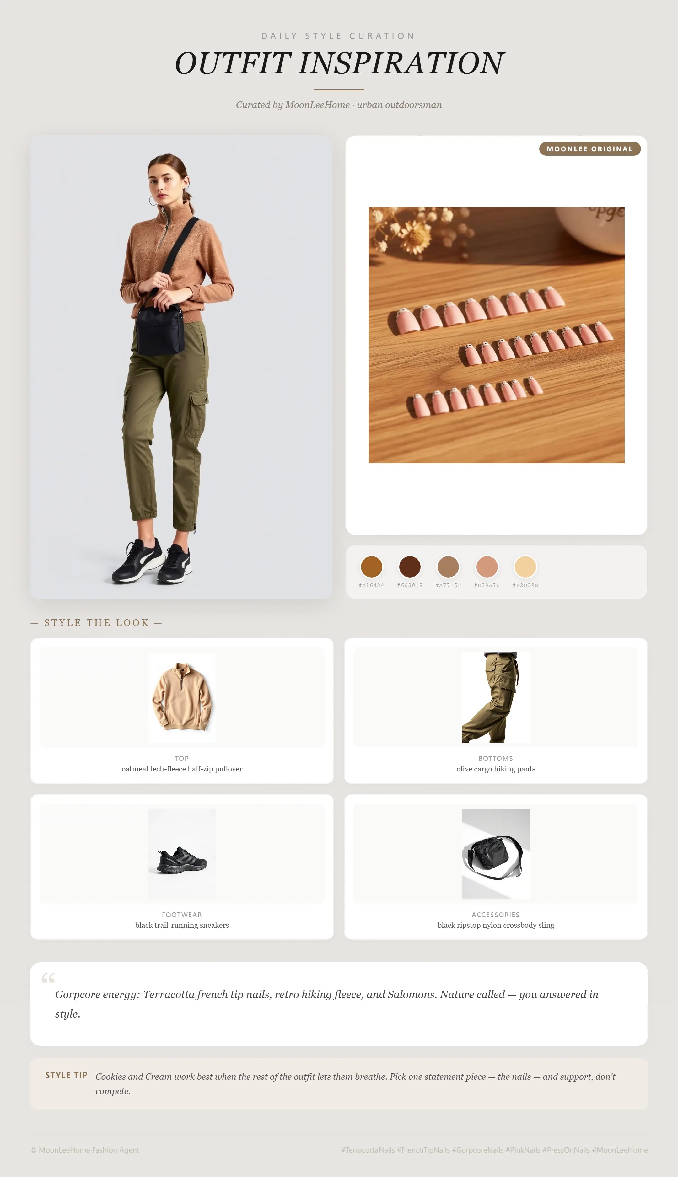 MOONLEE Cookies and Cream Handmade Press-On Nails paired with oatmeal tech-fleece half-zip pullover, olive cargo hiking pants, black trail-running sneakers, and black ripstop nylon crossbody sling — gorpcore daily outfit inspiration
