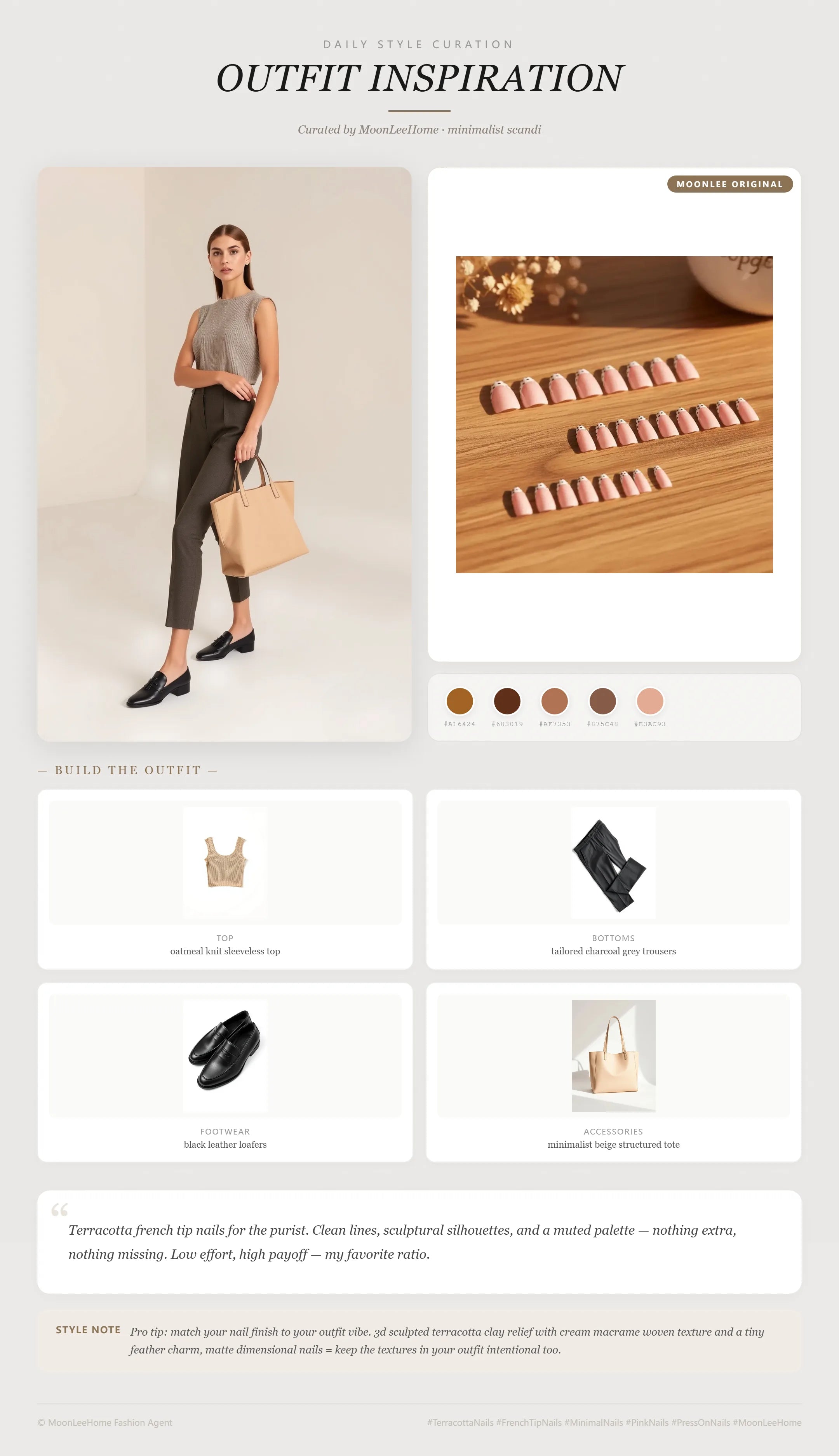 MOONLEE Cookies And Cream Press-On Nails paired with oatmeal knit sleeveless top, tailored charcoal grey trousers, black leather loafers, minimalist beige structured tote — work outfit inspiration