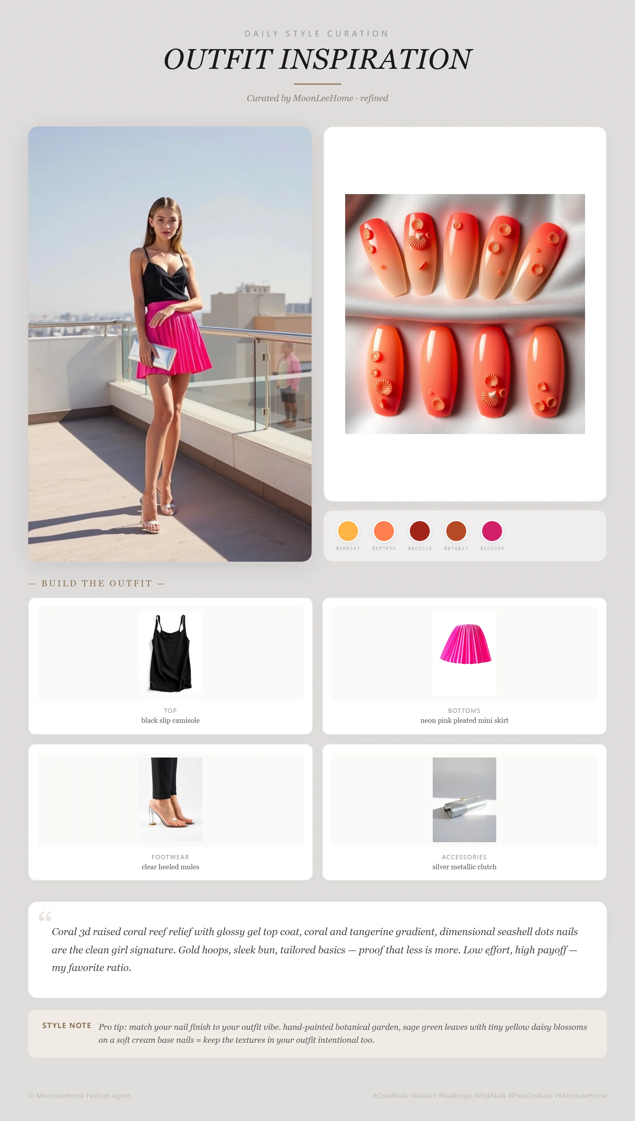 MOONLEE Coral Reef 3D Press-On Nails paired with black slip camisole, neon pink pleated mini skirt, clear heeled mules, silver metallic clutch — rooftop party outfit inspiration