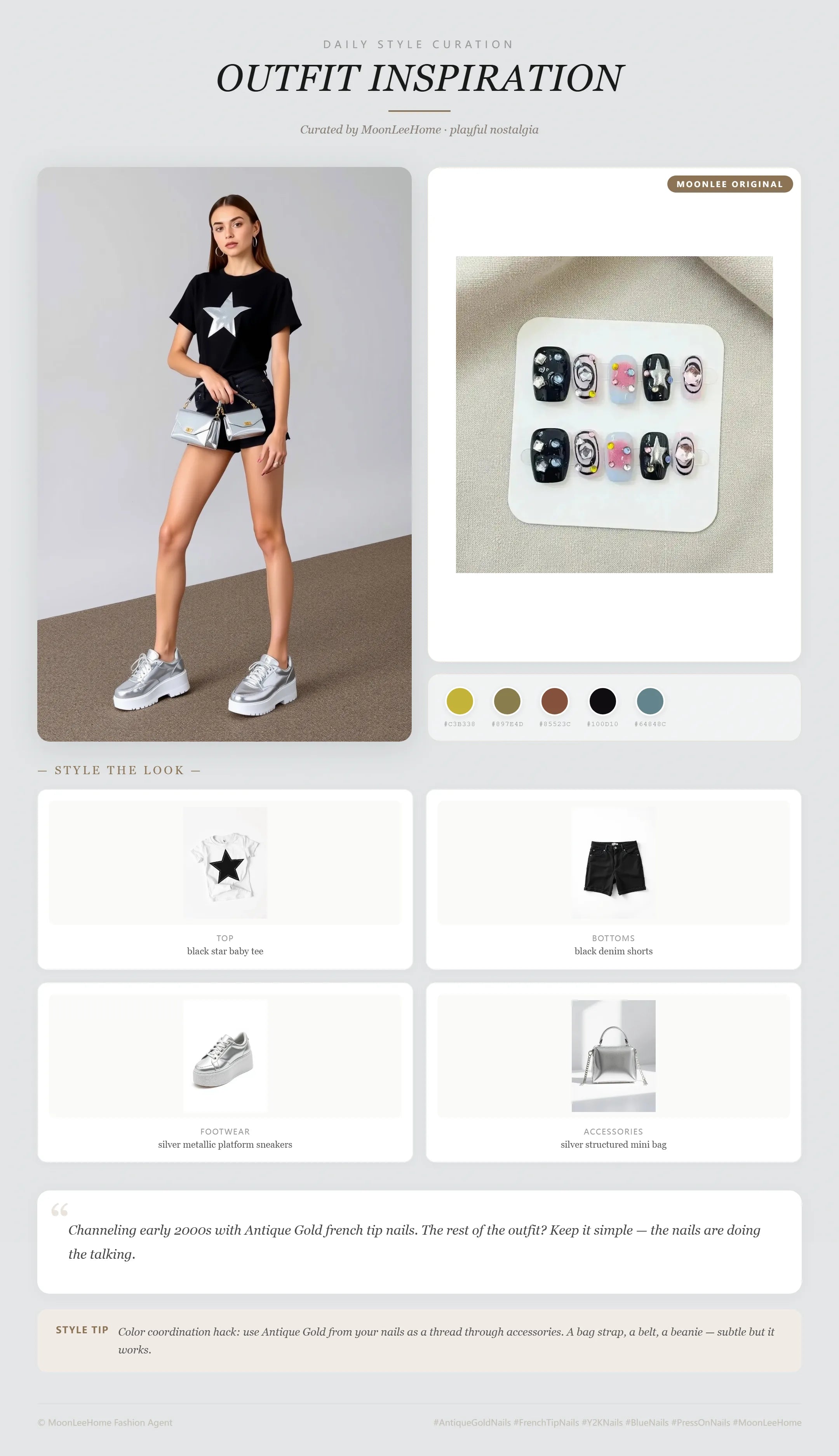 MOONLEE Cosmic Dark Star Press-On Nails paired with black star baby tee, black denim shorts, silver metallic platform sneakers, silver structured mini bag — weekend outfit inspiration