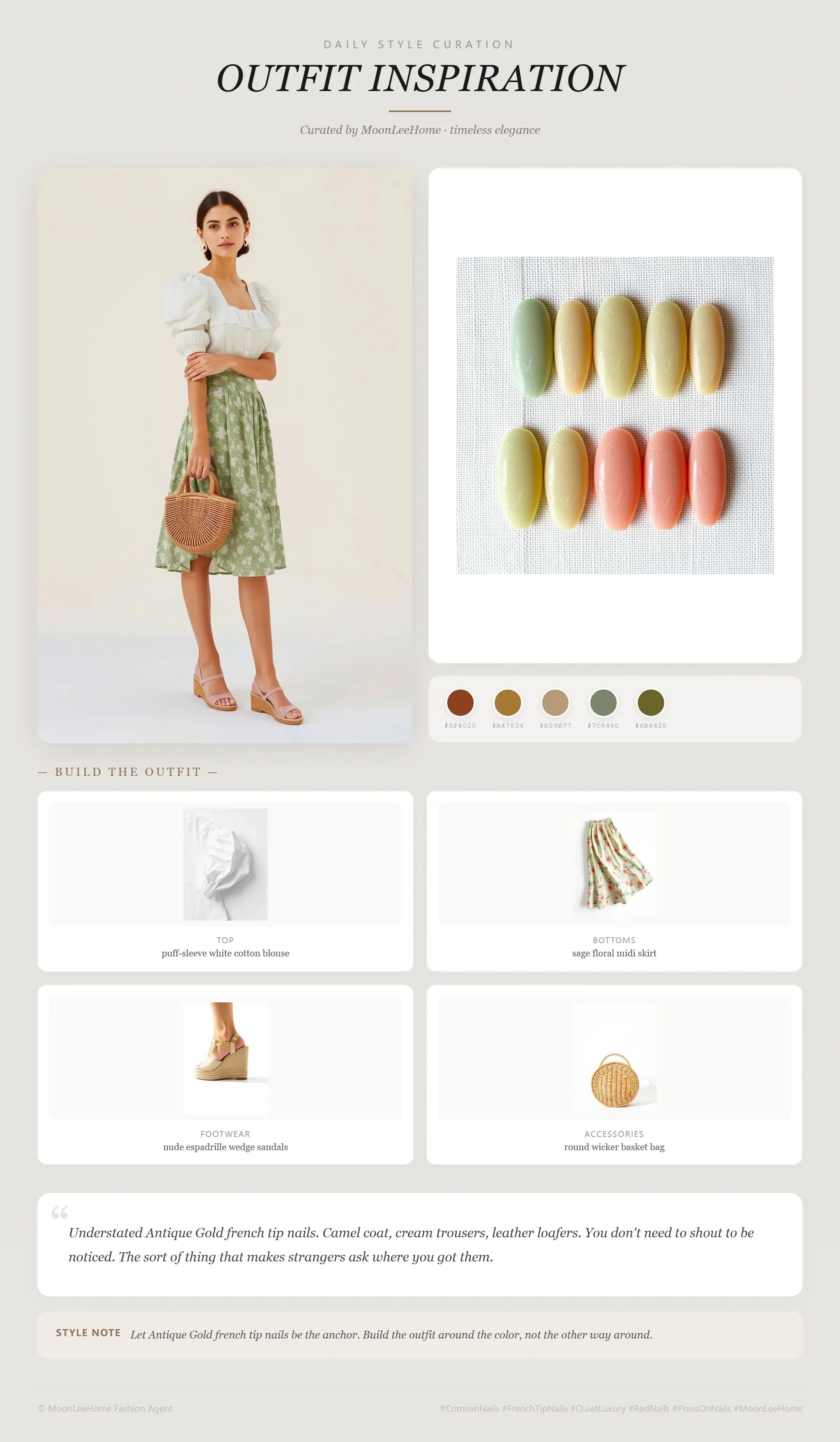 MOONLEE Cottage Bloom 3D Press-On Nails paired with puff-sleeve white cotton blouse, sage floral midi skirt, nude espadrille wedge sandals, round wicker basket bag — garden party outfit inspiration