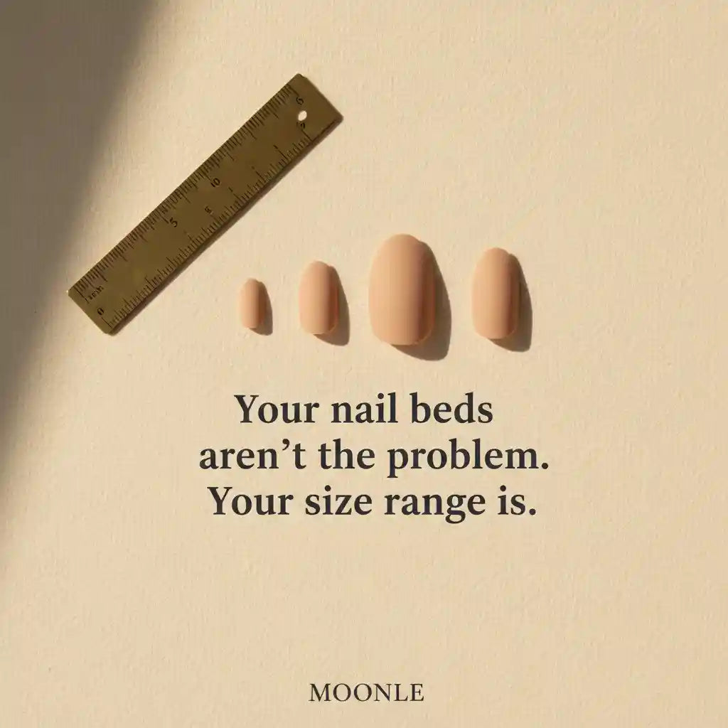 Oval press-on nail tips and ruler on ivory linen surface — MOONLEE press-on nails for small nail beds guide