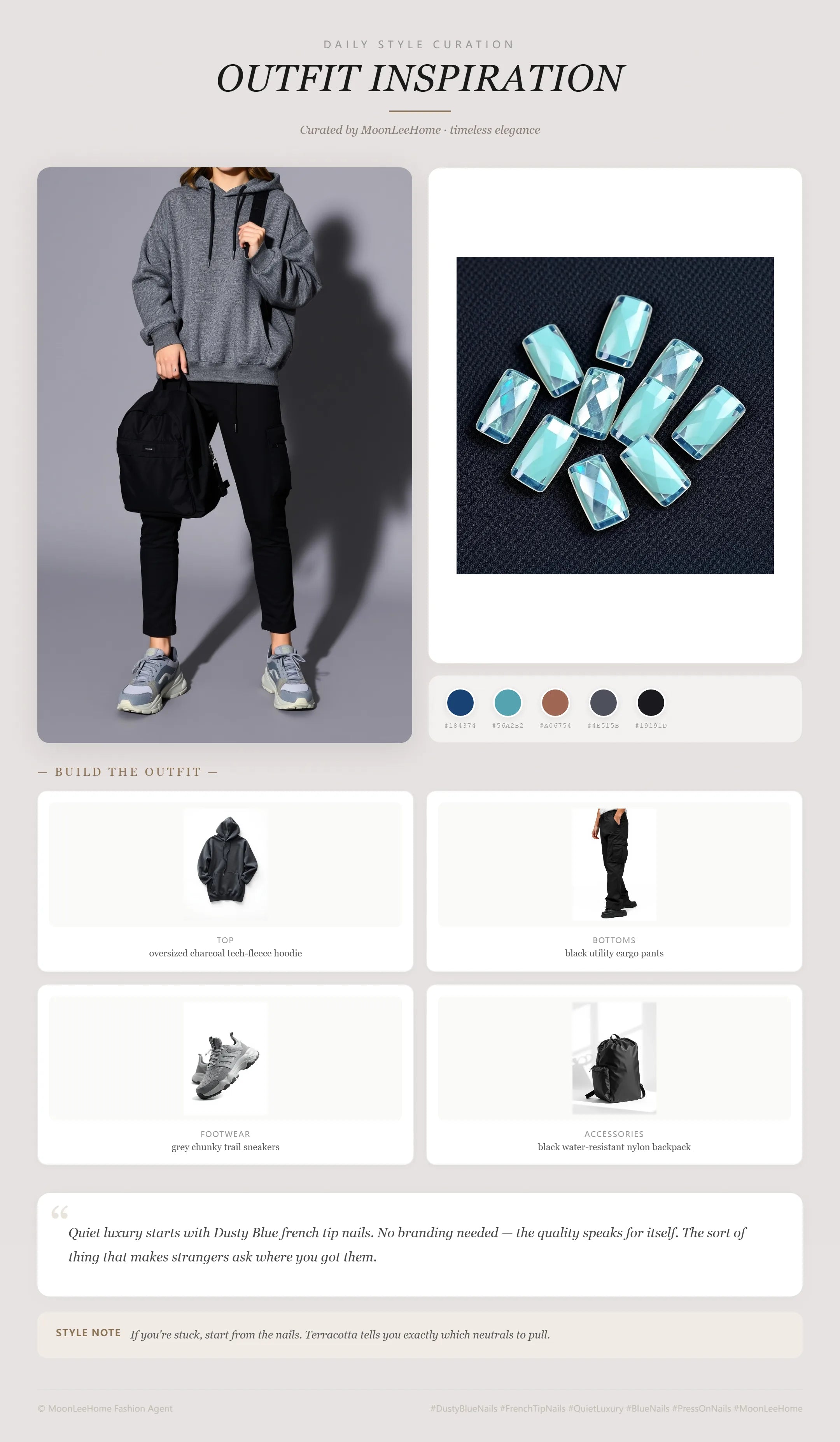 MOONLEE Dusty Blue × Teal Elegant Press-On Nails paired with oversized charcoal tech-fleece hoodie, black utility cargo pants, grey chunky trail sneakers, black water-resistant nylon backpack fashion inspiration card