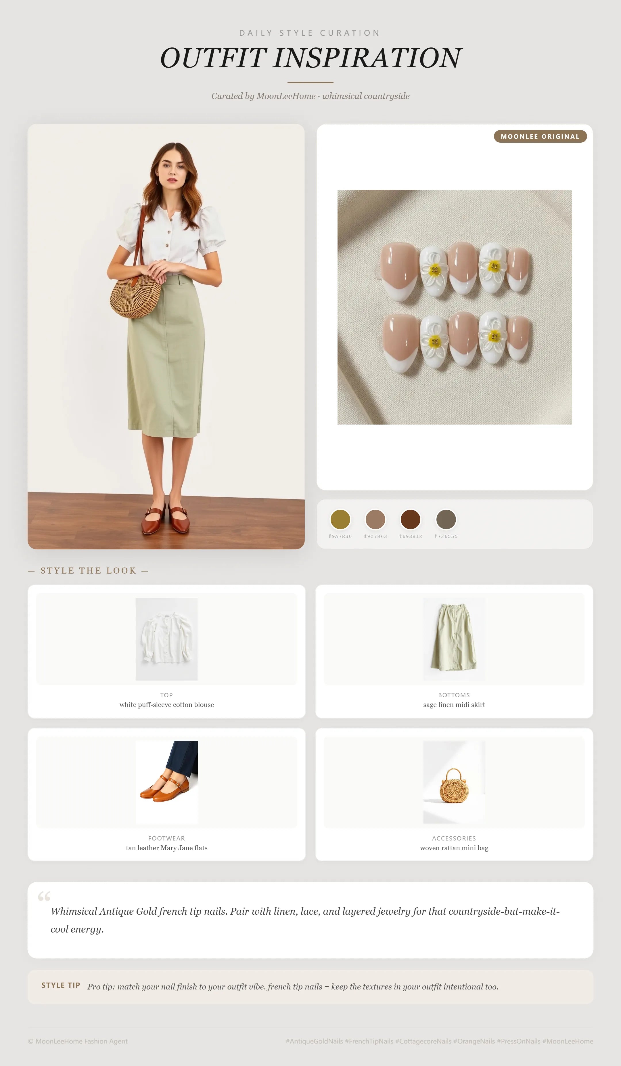 MOONLEE Daisy Dream Handmade Press-On Nails paired with white puff-sleeve cotton blouse, sage linen midi skirt, tan leather Mary Jane flats, and woven rattan mini bag — brunch outfit inspiration