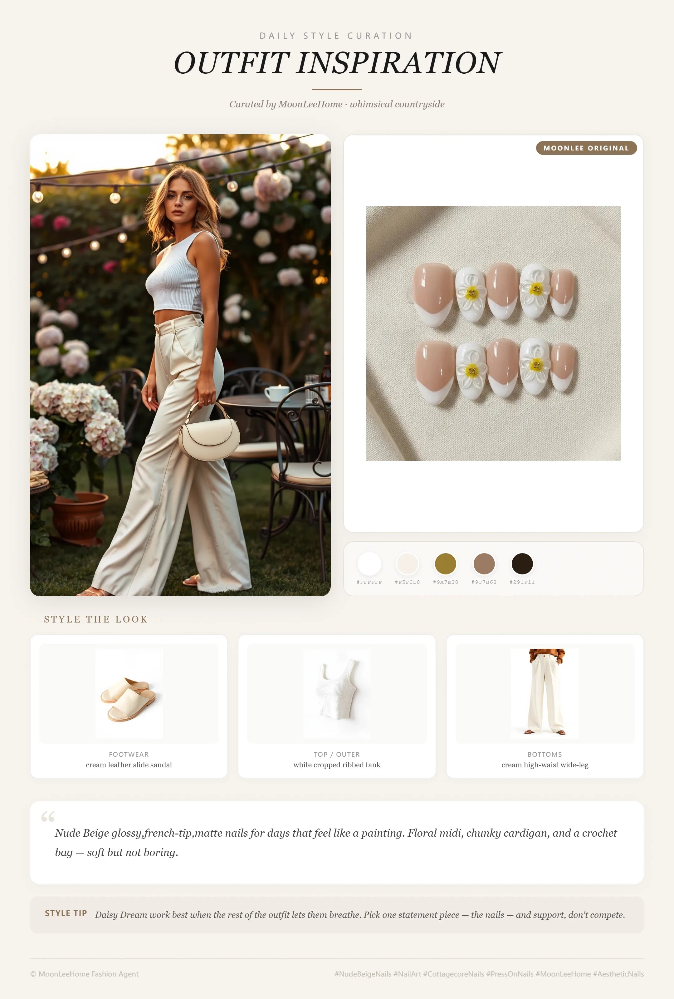 MOONLEE Daisy Dream Press-On Nails paired with white cropped ribbed tank top, cream high-waist wide-leg trousers, cream leather slide sandals, cream crescent bag — garden party outfit inspiration
